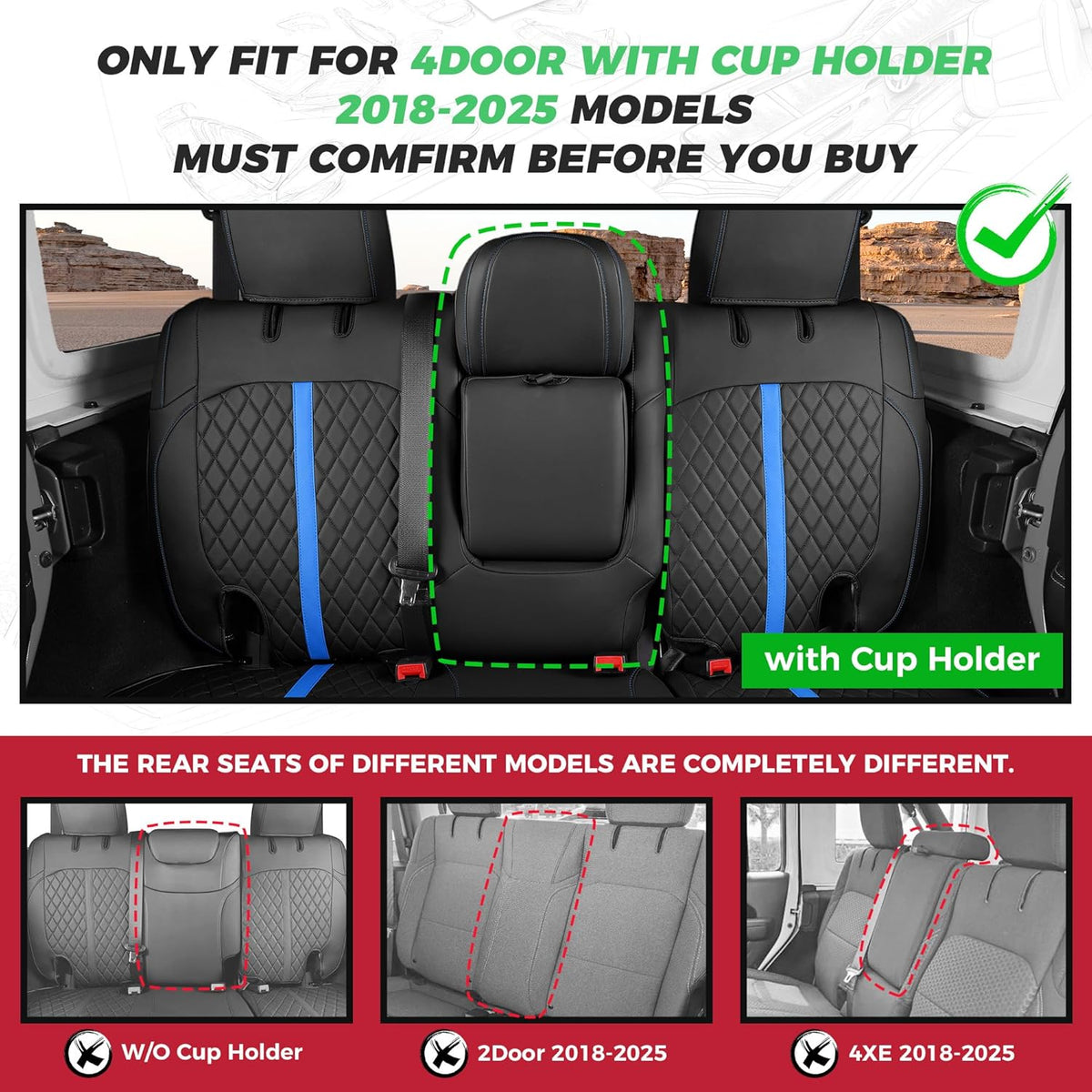 for Jeep Wrangler Seat Covers 4Door JL 2018 2019 2020 2021 2022 2023 2024 2025, Custom Car Seat Cover Full Set, Luxury Waterproof Leather Seat Protectors, Black Blue Trim,With Rear Cup Holder