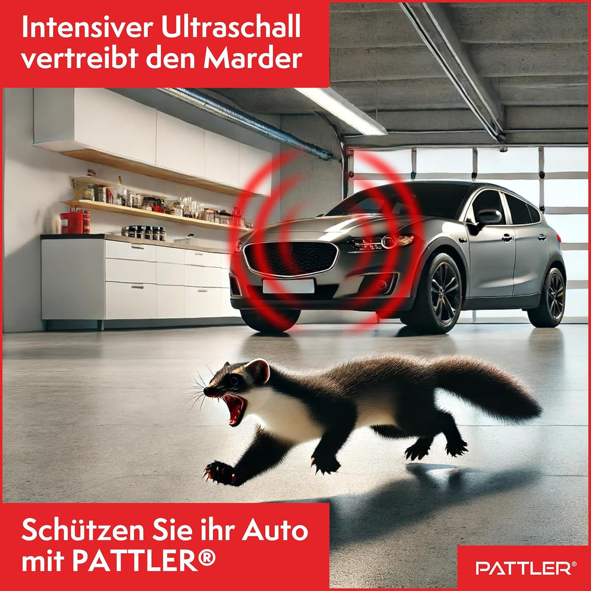 PATTLER® Marten Repellent for Car Engines - Ultrasonic Marten Repeller Under Hood for Immediate and Long-Term Protection Against Martens. Marten Deterrent for Cars Powered by 12V Car Battery - 1 Unit