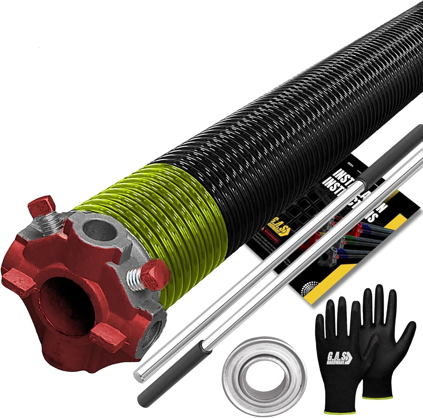 Garage Door Torsion Spring 207x1.75x31 Includes 1” Steel Bearing, Non-Slip Gloves, and Winding Bars for Left Side of Garage Door Precision E-Coating 5-Year Warranty Min. 30,000 Cycles (Red Cone)