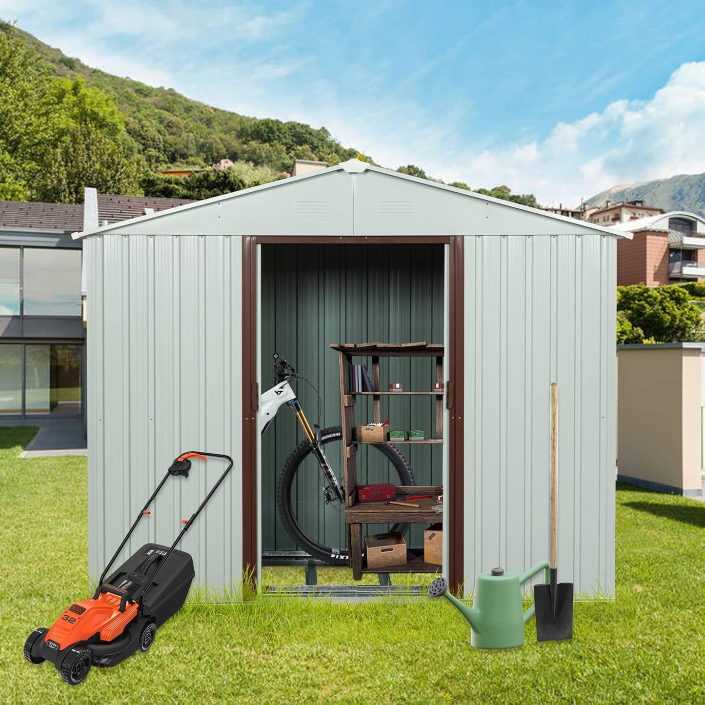 6x5 FT Outdoor Storage Shed, Metal Garden Shed with Frame Floor, Outside Tool Shed with Lockable Sliding Doors, Waterproof Storage Building with Sloped Roof for Backyard, Patio, Lawn, White