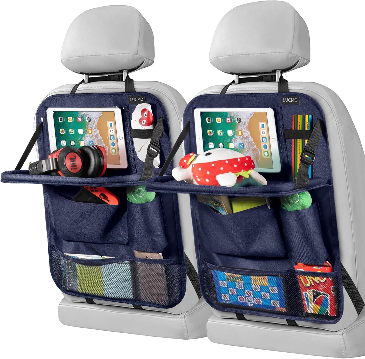 LUCMO Car Backseat Organizer with Tablet Holder-2 Pcs,6 Storage Pockets Car Storage Organizer with Foldable Food Tray,Protectors Kick Mats Travel Accessories-Dark Blue