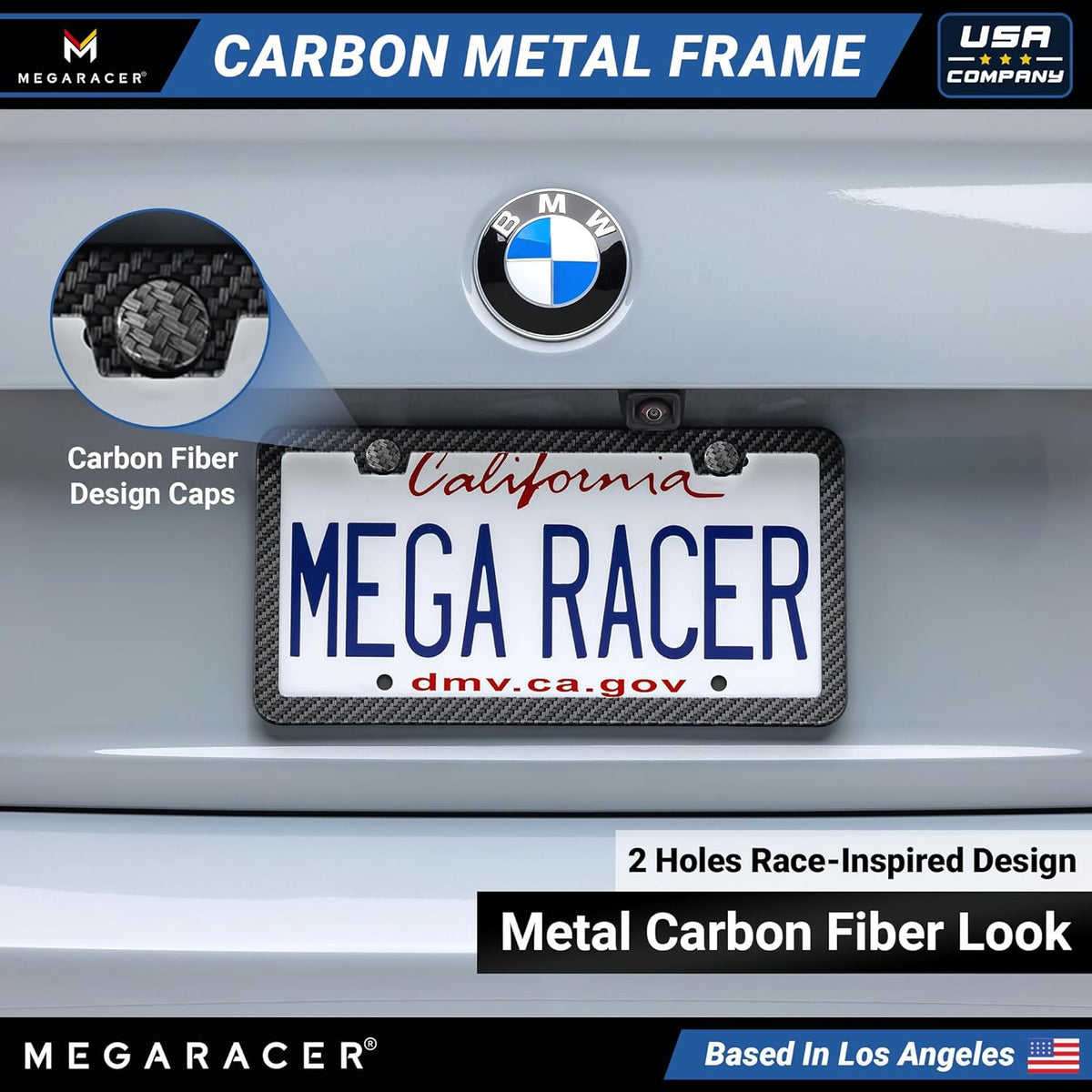 Premium Slim Carbon Fiber Design License Plate Frames – 2 Pack, Rust-Free Stainless Steel & Rattle-Free, Street Legal, Universal with Screw Caps Cover, Thin Metal Front & Rear Car Tag Holders for Men