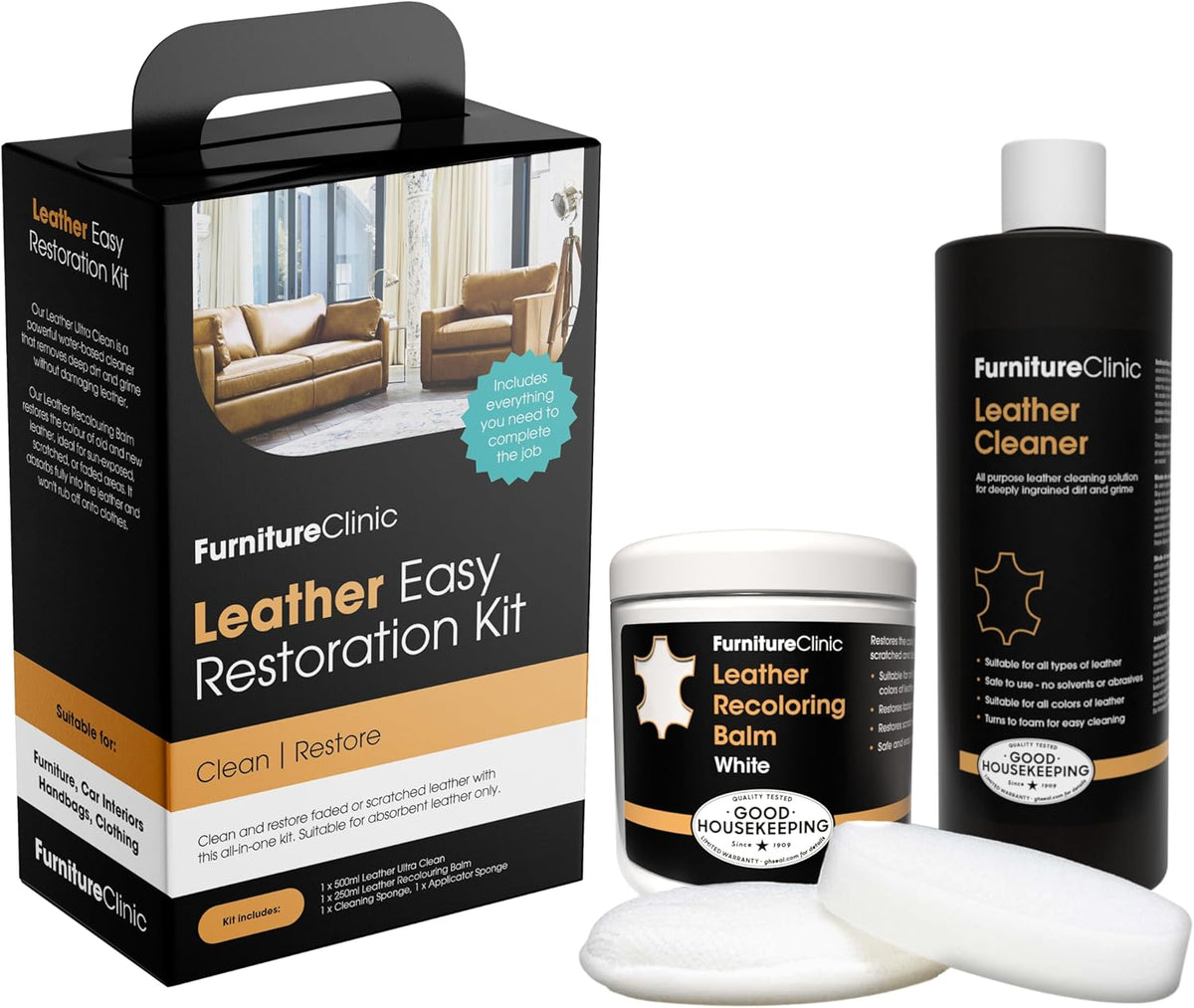 Furniture Clinic Leather Easy Restoration Kit | with Leather Recoloring Balm, Cleaner, Sponge, and Cloth | Leather Repair Kit for Scratched and Faded Furniture (White)