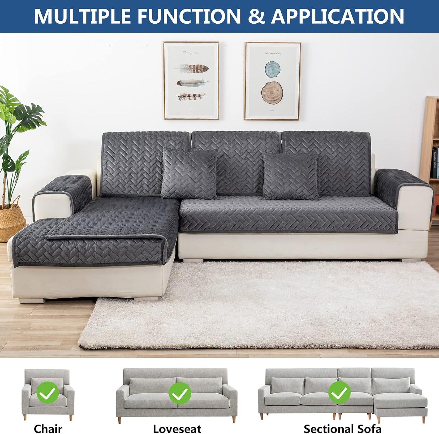 Eismodra Couch Cover,Sectional Couch Covers,Sofa Covers for 3 Cushion Couch,Anti-Slip Sofa Slipcovers for Dogs Cats Kids Loveseat Recliner L Shaped Armrest Backrest,Dark Gray 43''x82''(Only 1 Piece)