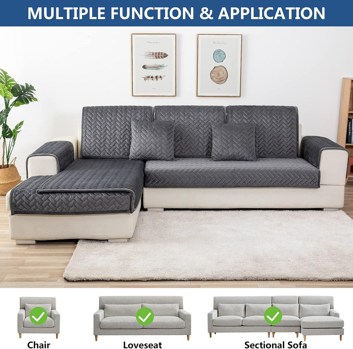 Eismodra Couch Cover,Sectional Couch Covers,Sofa Covers for 3 Cushion Couch,Anti-Slip Sofa Slipcovers for Dogs Cats Kids Loveseat Recliner L Shaped Armrest Backrest,Dark Gray 36''x82''(Only 1 Piece)