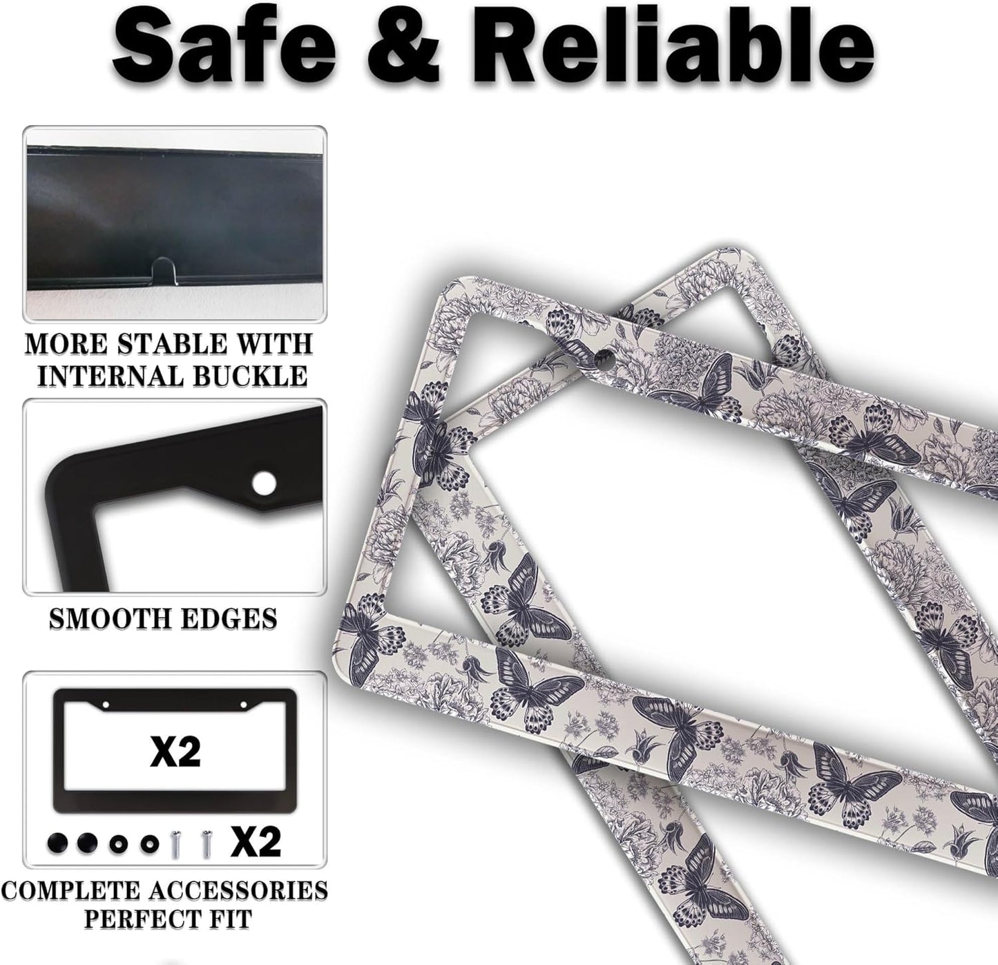 Automotive Exterior Accessories Black and White License Plate Frames Butterfly Flowers Universal Aluminum Car Accessory 2 Pack with Screw Covers Set