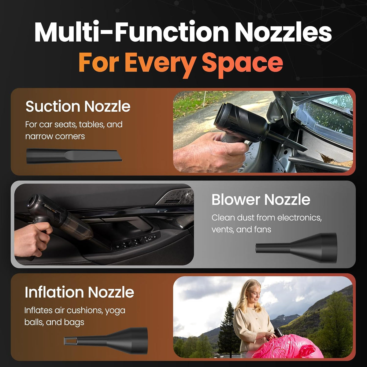 Hedgehog TurboVAC 3 in 1 Portable Car Vacuum Cleaner, Blower & Air Pump - Hand Held Vacuum Cleaner for Car with USB C Rechargeable, 14000PA Powerful Suction, Lightweight Dust Buster for Home & Outdoor