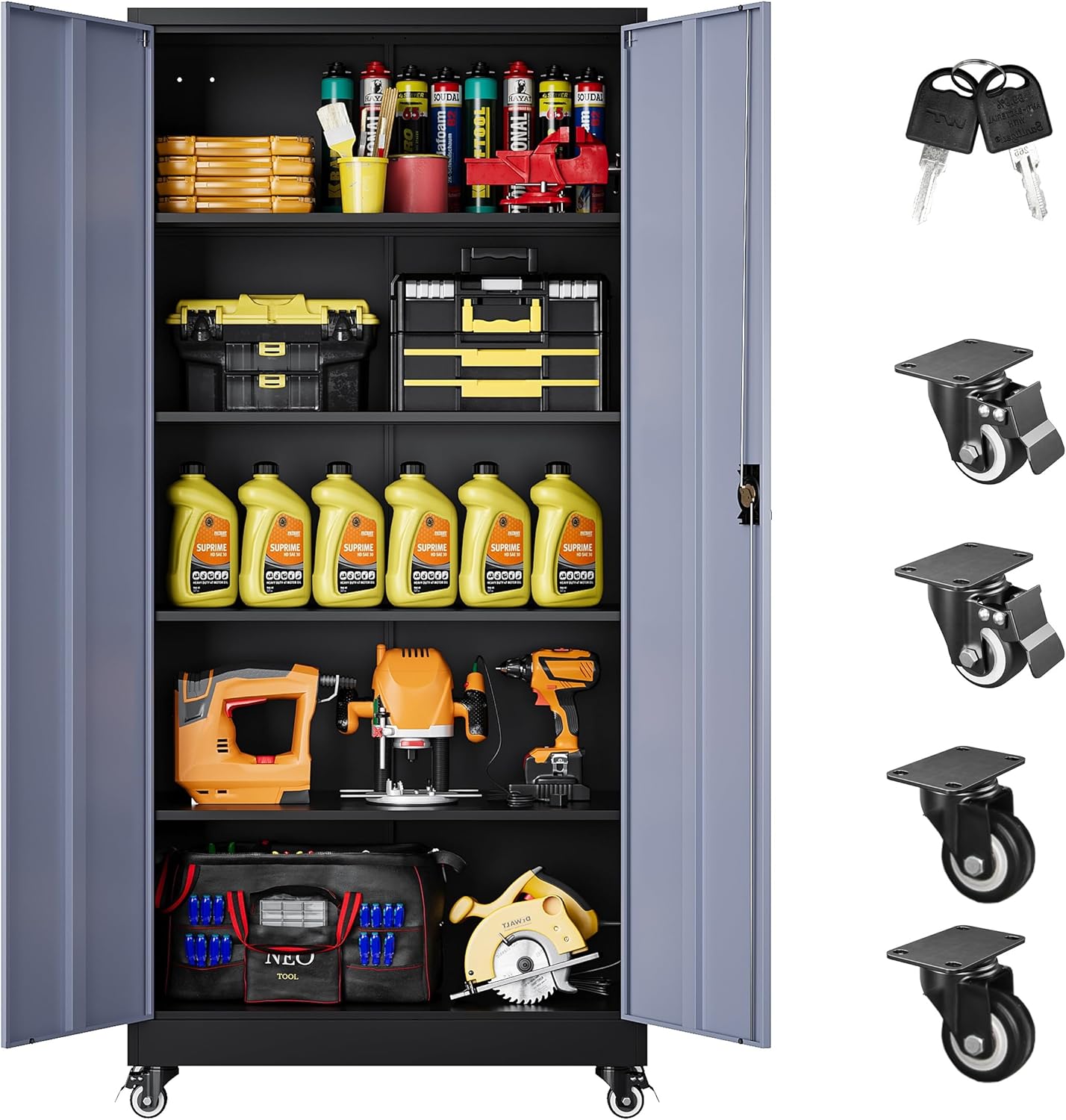 75" Tall Metal Storage Cabinet with Wheels,Rolling Garage Storage Cabinet with Lock,Gray Metal Cabinets with Wheels and Shelves,Tall Tool Cabinets on Wheel for Garage,Home,Office,Shop