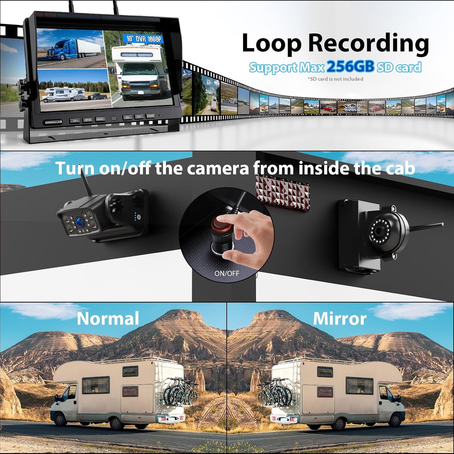 Magnetic Wireless Backup Camera: Portable Rechargeable Battery, 10" HD 1080P DVR Monitor with Rear View Side View Camera for Travel Trailer/Fifth Wheels/RV/Camper BC103