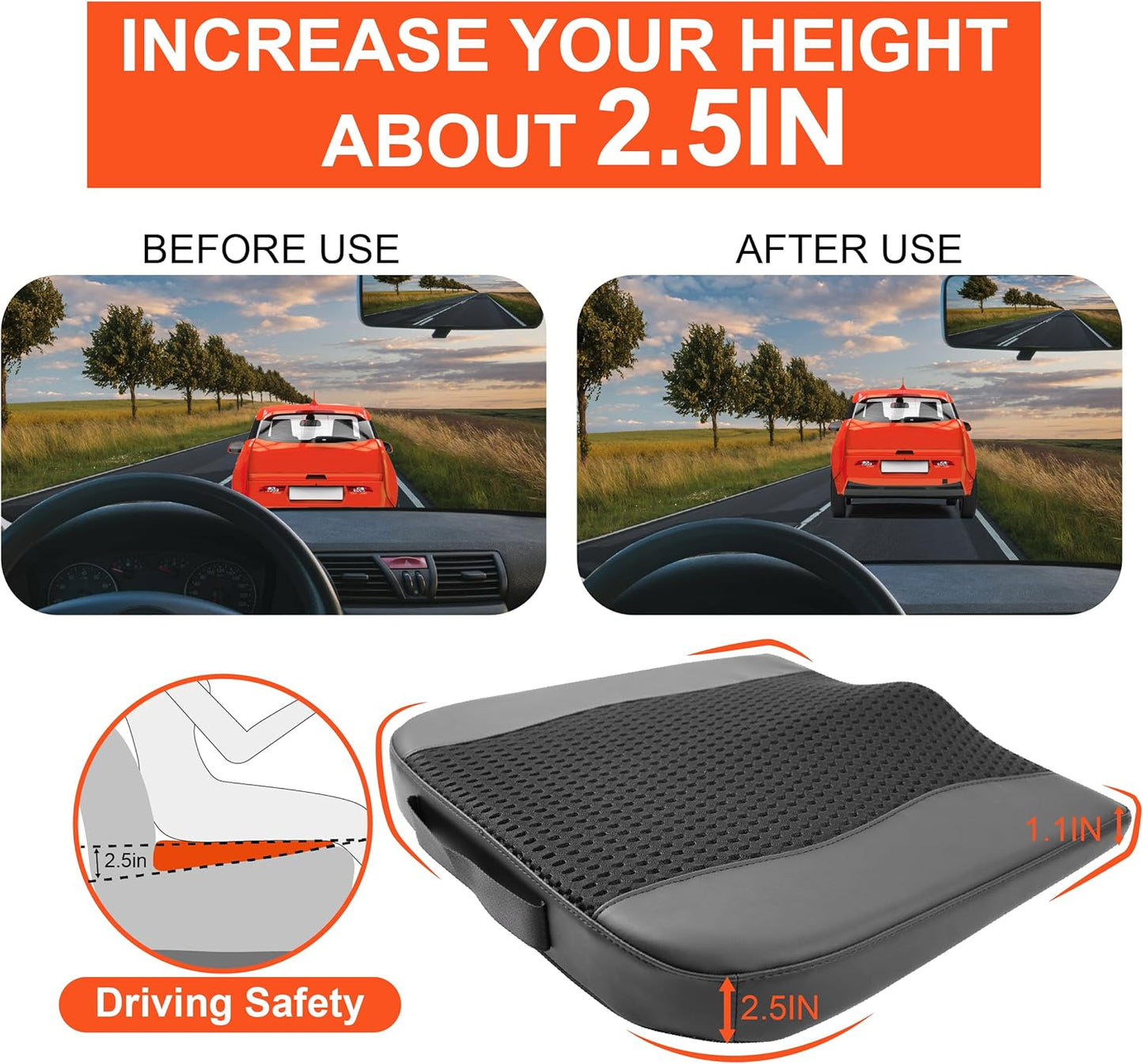 Car Seat Cushion, Comfort Memory Foam Car Cushions for Driving - Sciatica & Lower Back Pain Relief, Driver Seat Pillow for Auto, Office Chair, Wheelchair - 4D Mesh Black