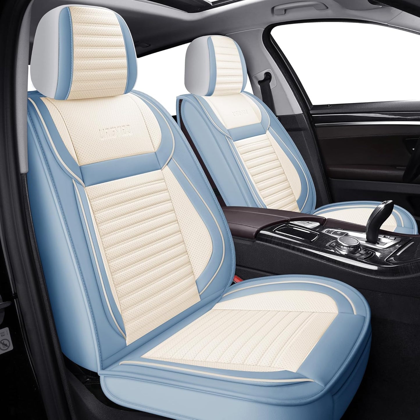 LINGVIDO Car Seat Covers, Breathable and Waterproof Faux Leather Automotive Seat Covers for Cars SUV Truck Sedan,Universal Anti-Slip Seat Cover with Backrest (Full Set, White & Light Blue)