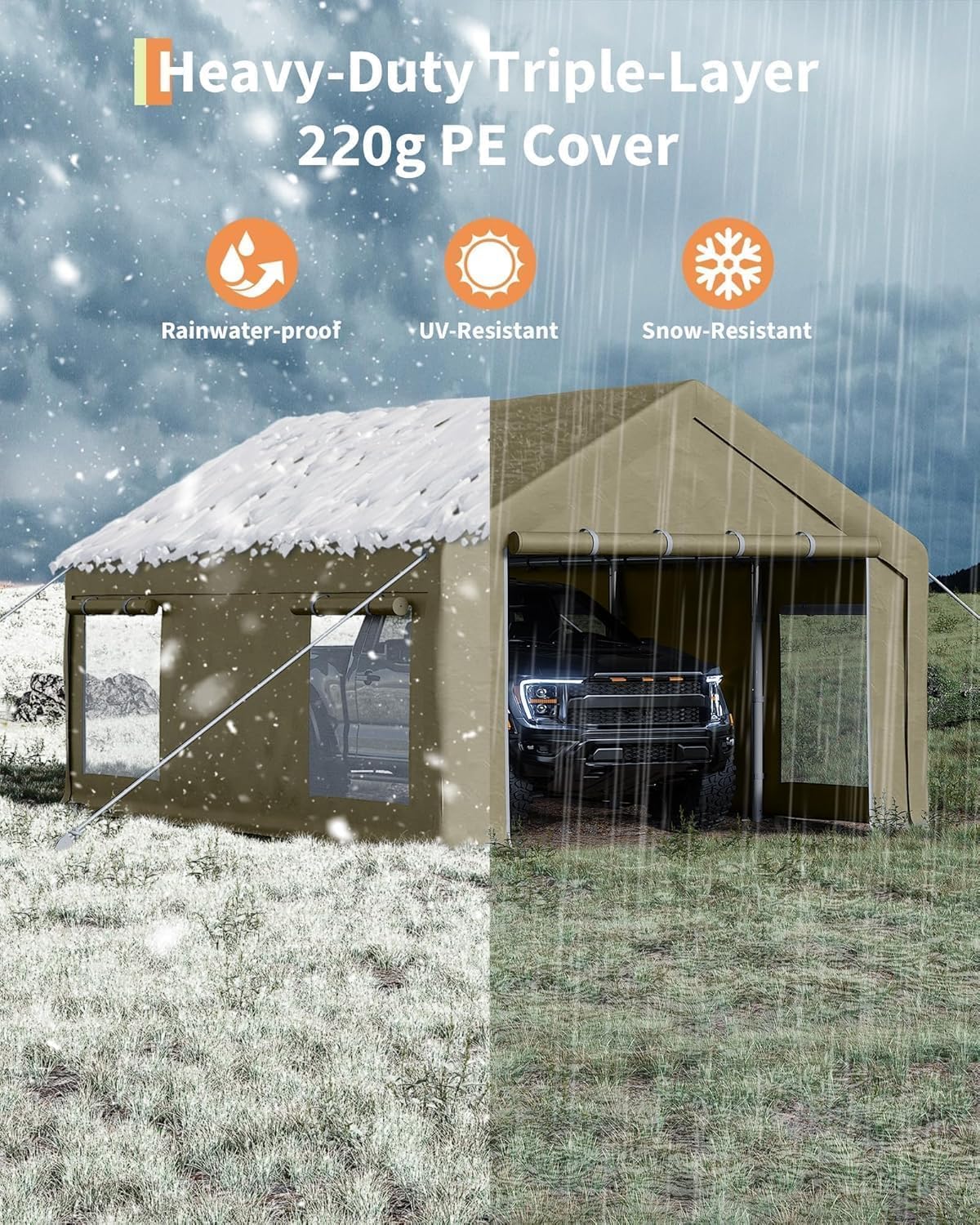 13 x 20FT Heavy Duty Carport with Roll-Up Windows, Portable Garage with Removable Sidewalls & Doors, Portable Car Tent Garage with Roll-Up Windows and All-Season Tarp, for Car, Truck,