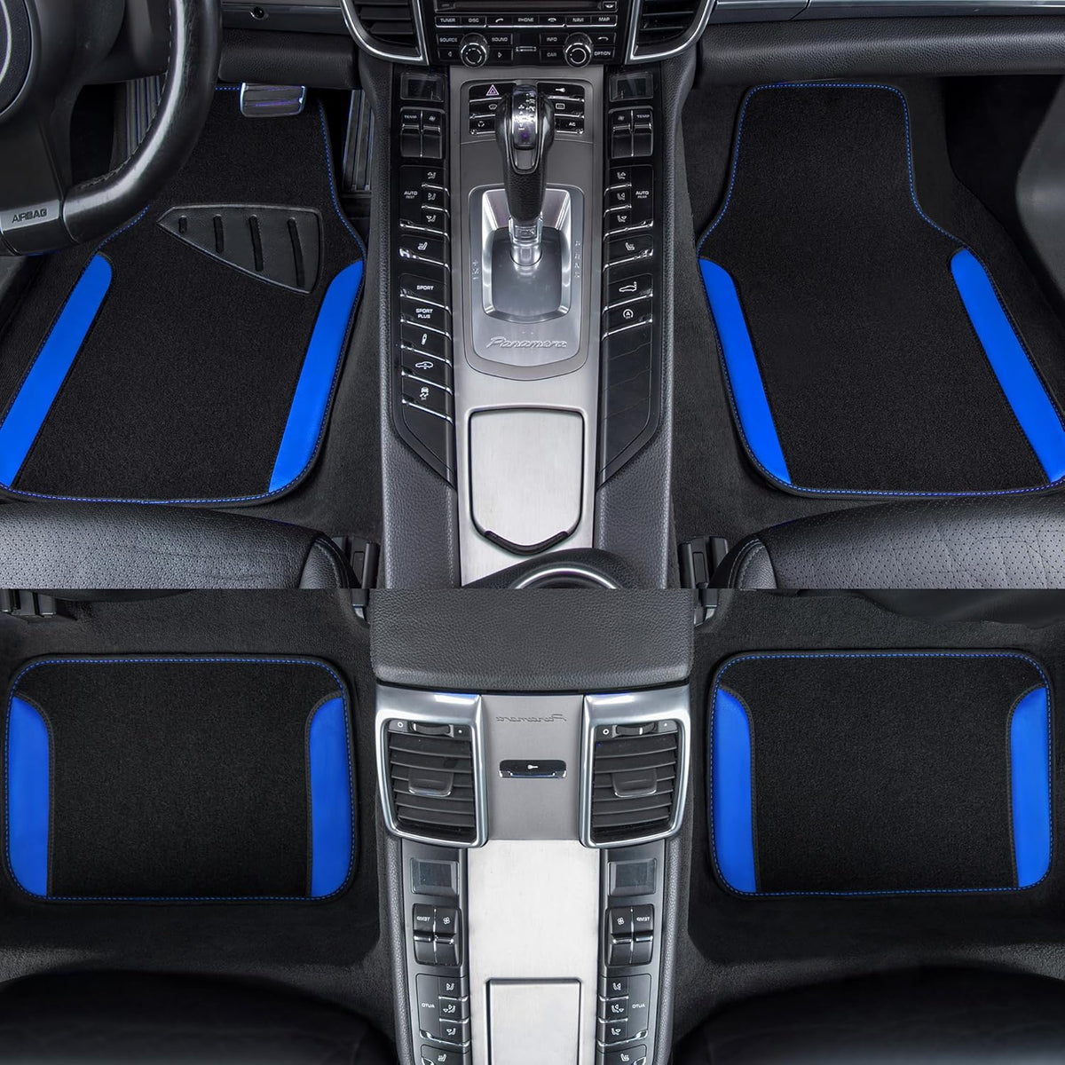 CAR PASS Rainbow Waterproof Universal Fit Faux Leather Car Carpet- Anti-Slip Nibbed Backing Floor Mats for SUV, Vans, Sedans, Trucks, Automotive Set of 4pcs (Black with Blue)