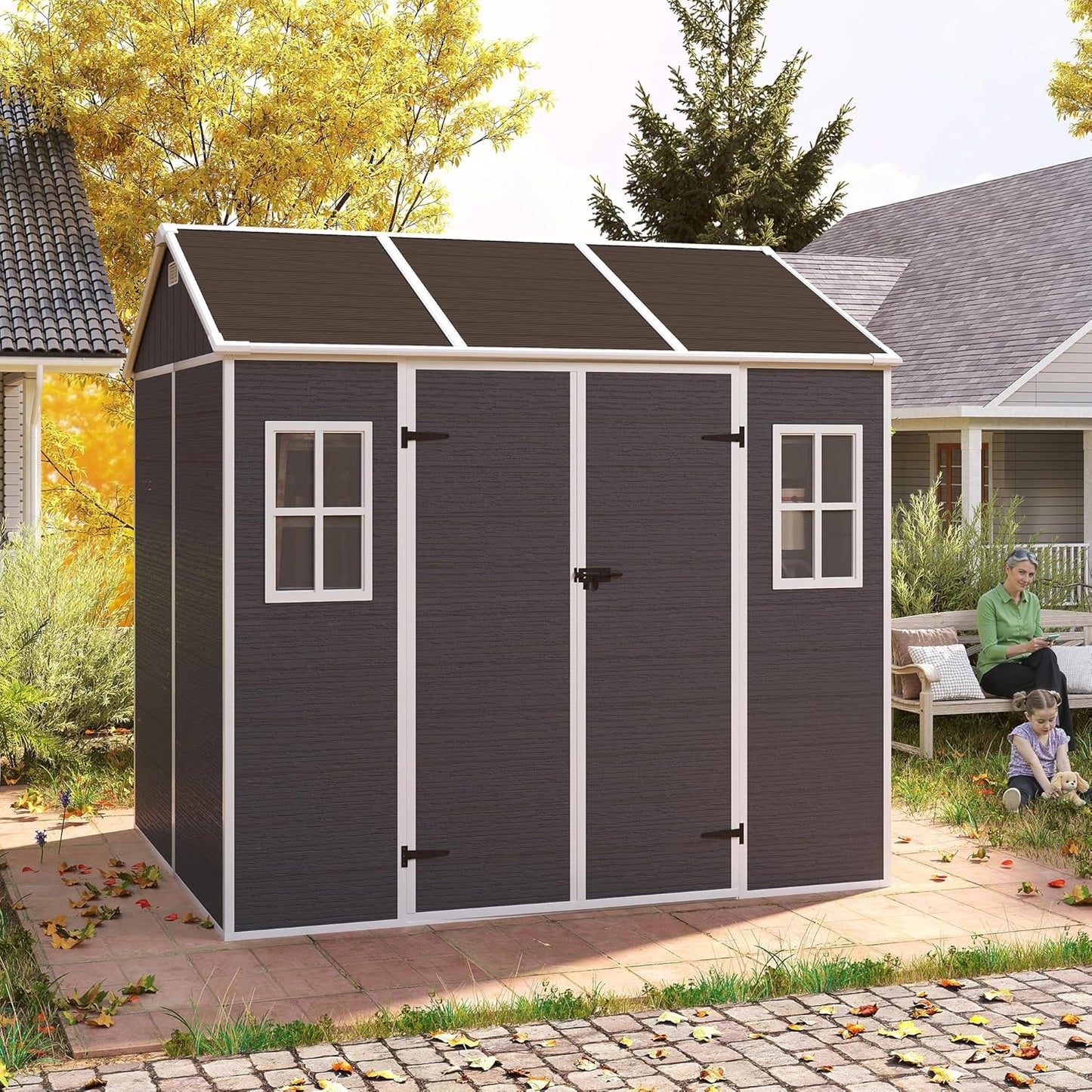 MyVoice 8x7 FT Outdoor Resin Storage Shed with HD Window, Rustproof Waterproof Garden Tool Shed, 12mm Thickened PP Panels, Large Capacity Outdoor Utility House for Backyard Patio (with Floor)