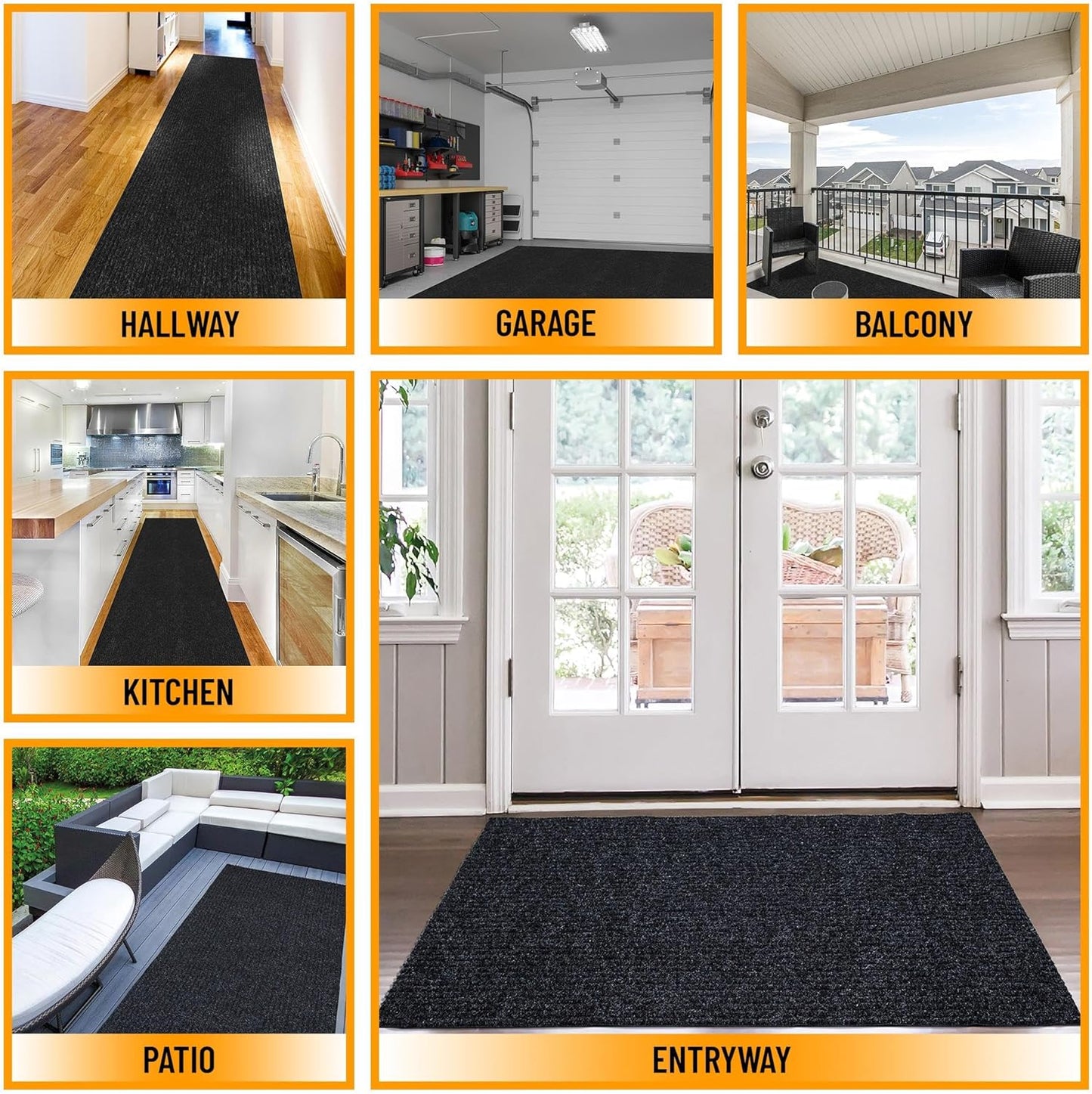 Ottomanson 2'7" x 48' Hallway Runner with Scraper Pile - Extra Durable Non-Slip Rug Mat for Indoor & Outdoor Use - Ideal for Kitchen, Entryway & Garage - High-Traffic Carpet, Black