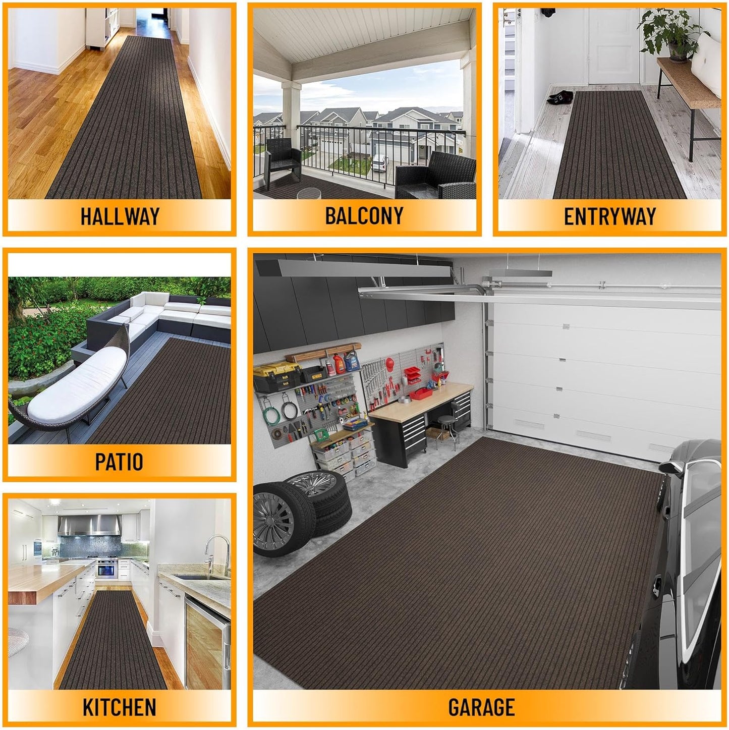 Ottomanson 2' x 9' Hallway Runner with Scraper Pile Extra Durable Non-Slip Rug Mat for Indoor & Outdoor Use - Ideal for Kitchen, Entryway, Patio & Garage - High-Traffic Carpet, Brown