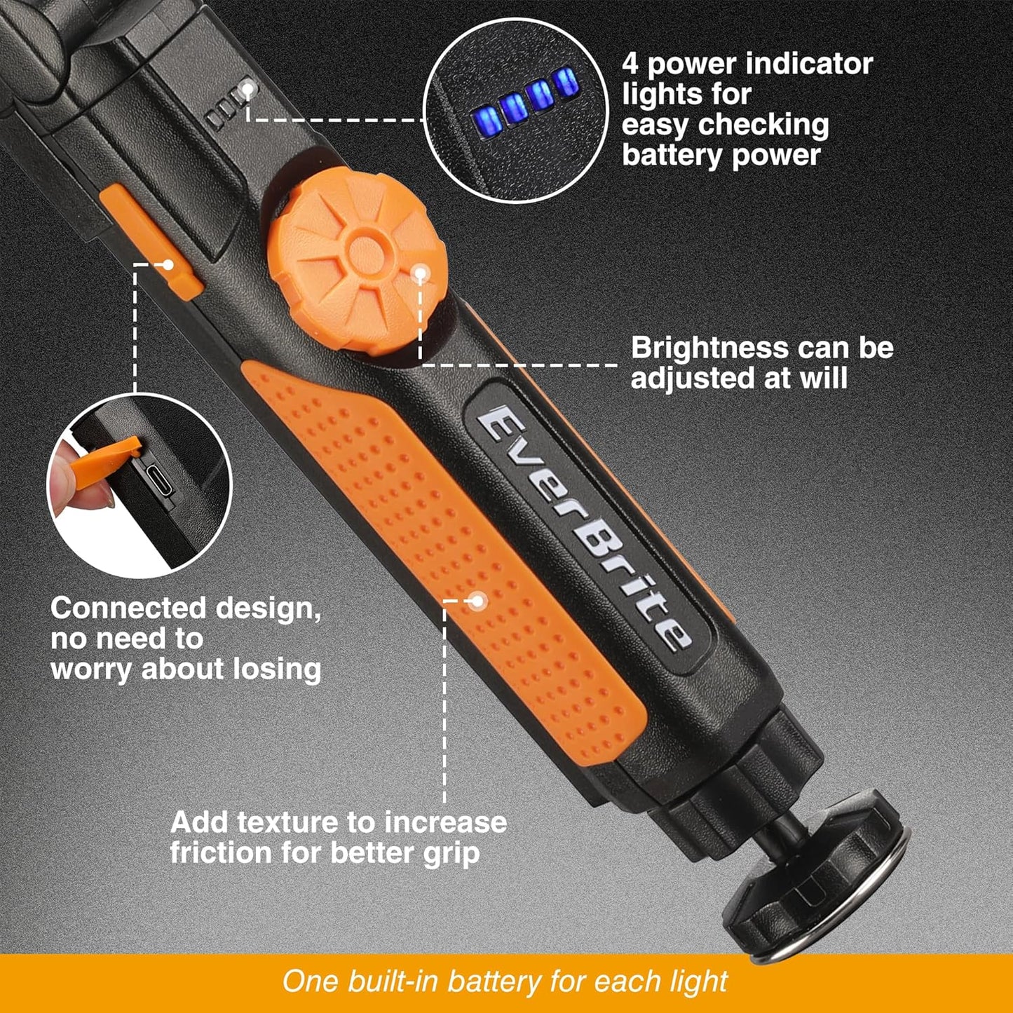 EverBrite 2 Pack LED Rechargeable Work Light, 800LM COB Foldable Flashlight, Magnetic Work Lights with Hanging Hook, 360° & 270° Rotation, 4 Power Indicator Lights - for Car Repair, Home, Emergency