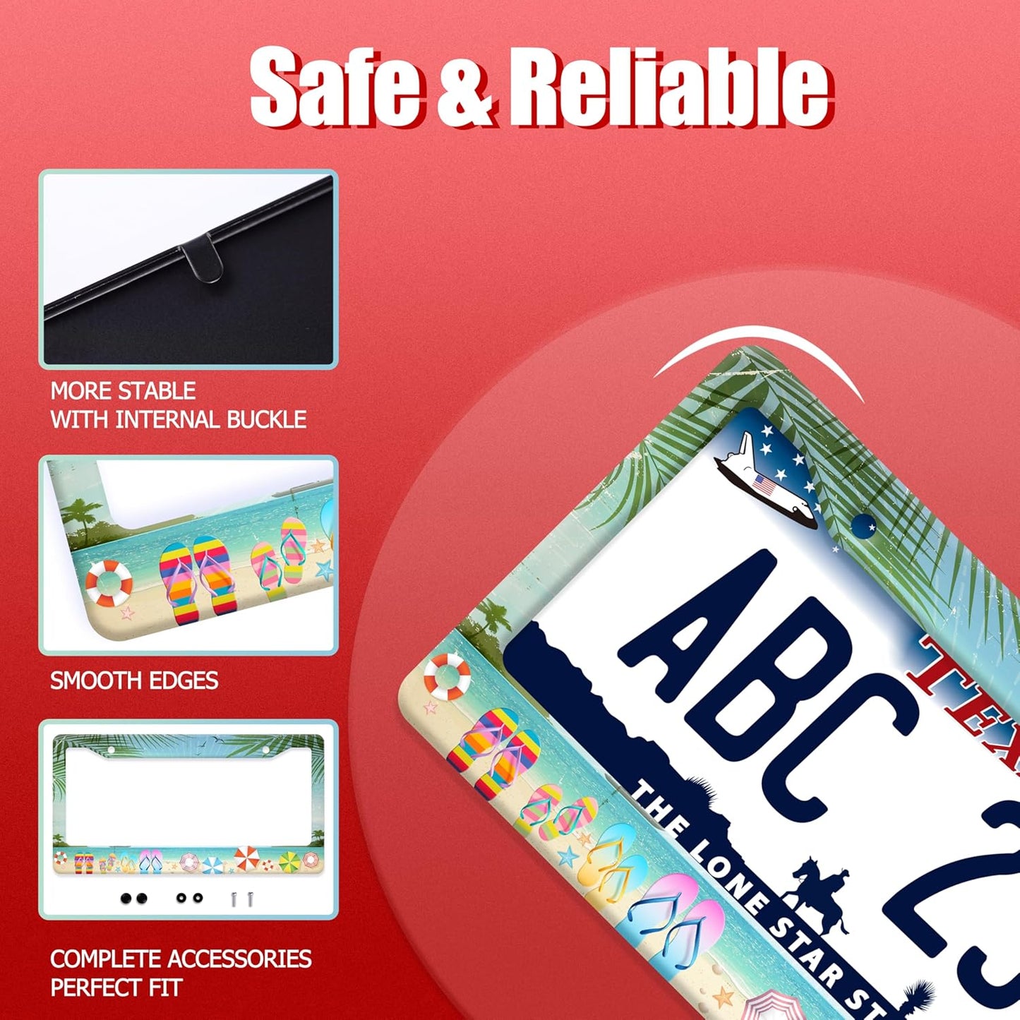 Beach Flip Flops License Plate Frame Funny Seaside License Plate Frames Stainless Steel Accessories Cars Decor with 2 Holes and Screws Fits Standard Us Ca Vehicles License Plate Holder 12.2 X 6 Inch