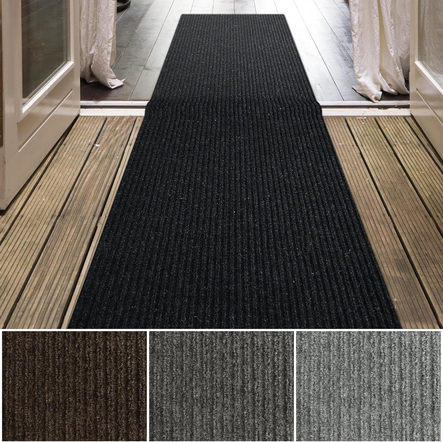 iCustomRug Spartan Weather Warrior Indoor/Outdoor Utility Ribbed Carpet Runner with Non-Slip Thermoplastic Rubber Backing, 3ft X 28ft in Black