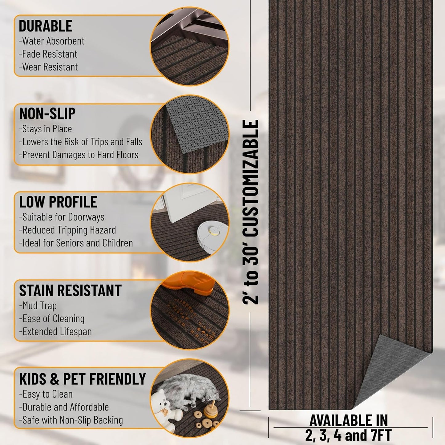 Ottomanson 2'7" x 47' Hallway Runner with Scraper Pile - Extra Durable Non-Slip Rug Mat for Indoor & Outdoor Use - Ideal for Kitchen, Entryway & Garage - High-Traffic Carpet, Brown