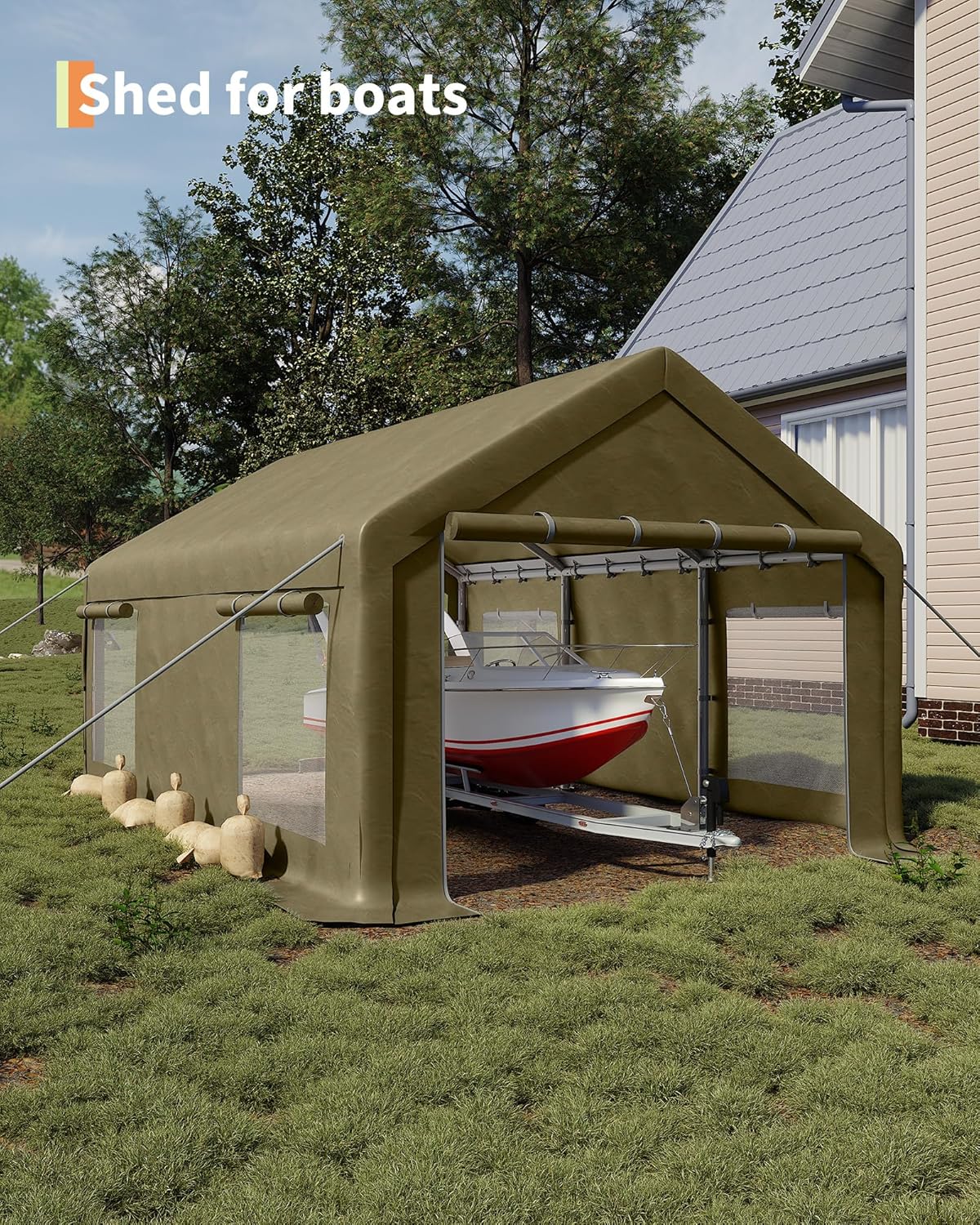 10x20 Ft Carport, Car Port with 200g PE Tarp, Roll-Up Doors, and 4 Windows, for Sedans, Bass Boats, Motos, ATVs, and SUVs, Khaki