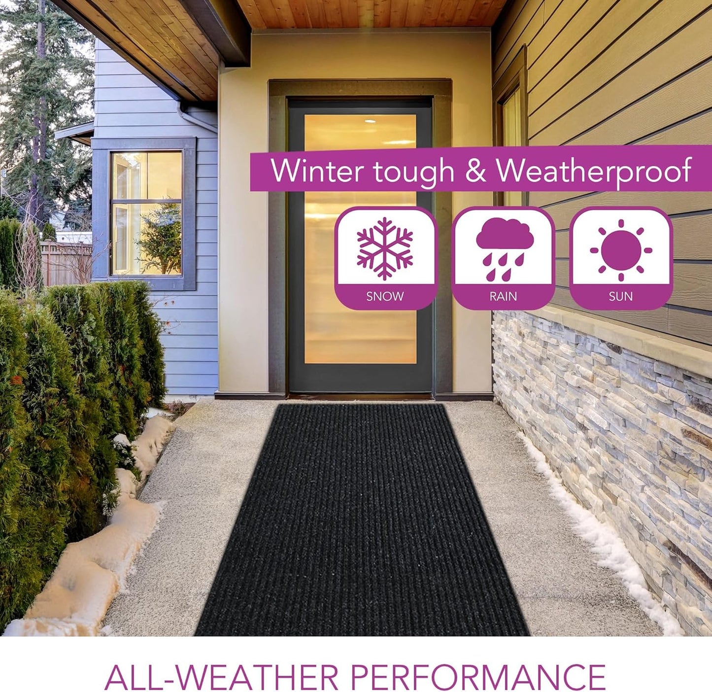iCustomRug Spartan Weather Warrior Indoor/Outdoor Utility Ribbed Carpet Runner with Non-Slip Thermoplastic Rubber Backing, 3ft X 12ft in Black
