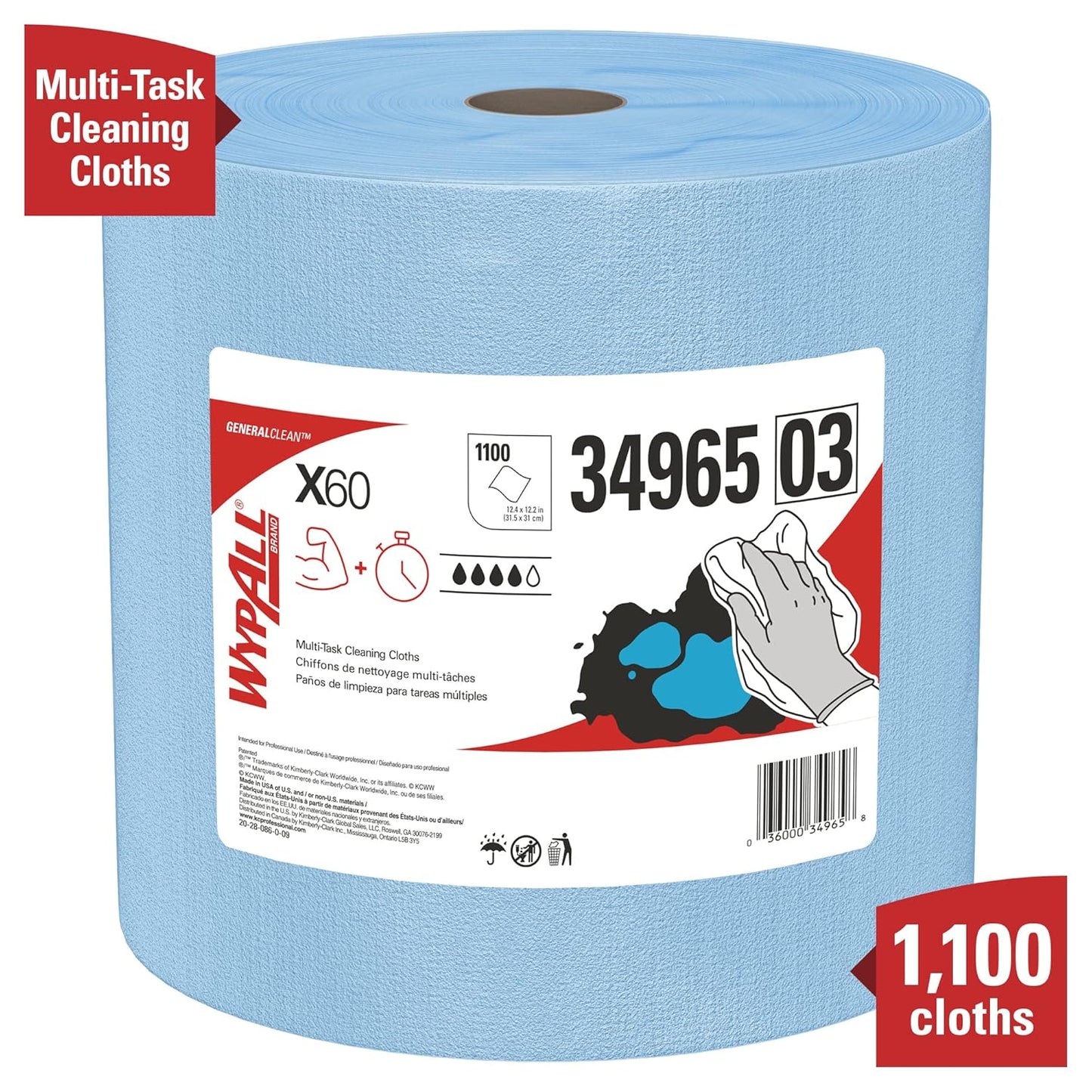 WypAll GeneralClean X60 Cloths Multi-Task Cleaning Wipes, Jumbo (34965), Strong and Absorbent Towels, Blue (1 Roll of 1,100 Sheets, 1,100 Sheet Total)