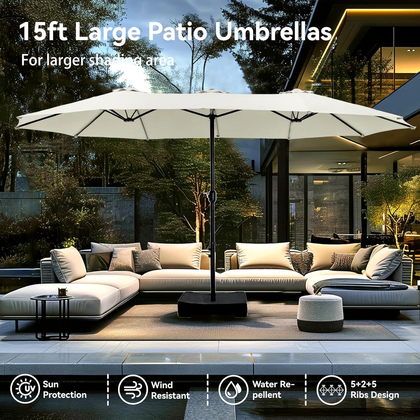 PHI VILLA 15ft Large Patio Umbrellas with Base Included, Outdoor Double-Sided Rectangle Market Umbrella with Stand, Outside Umbrellas for Poolside Lawn Backyard, Ivory