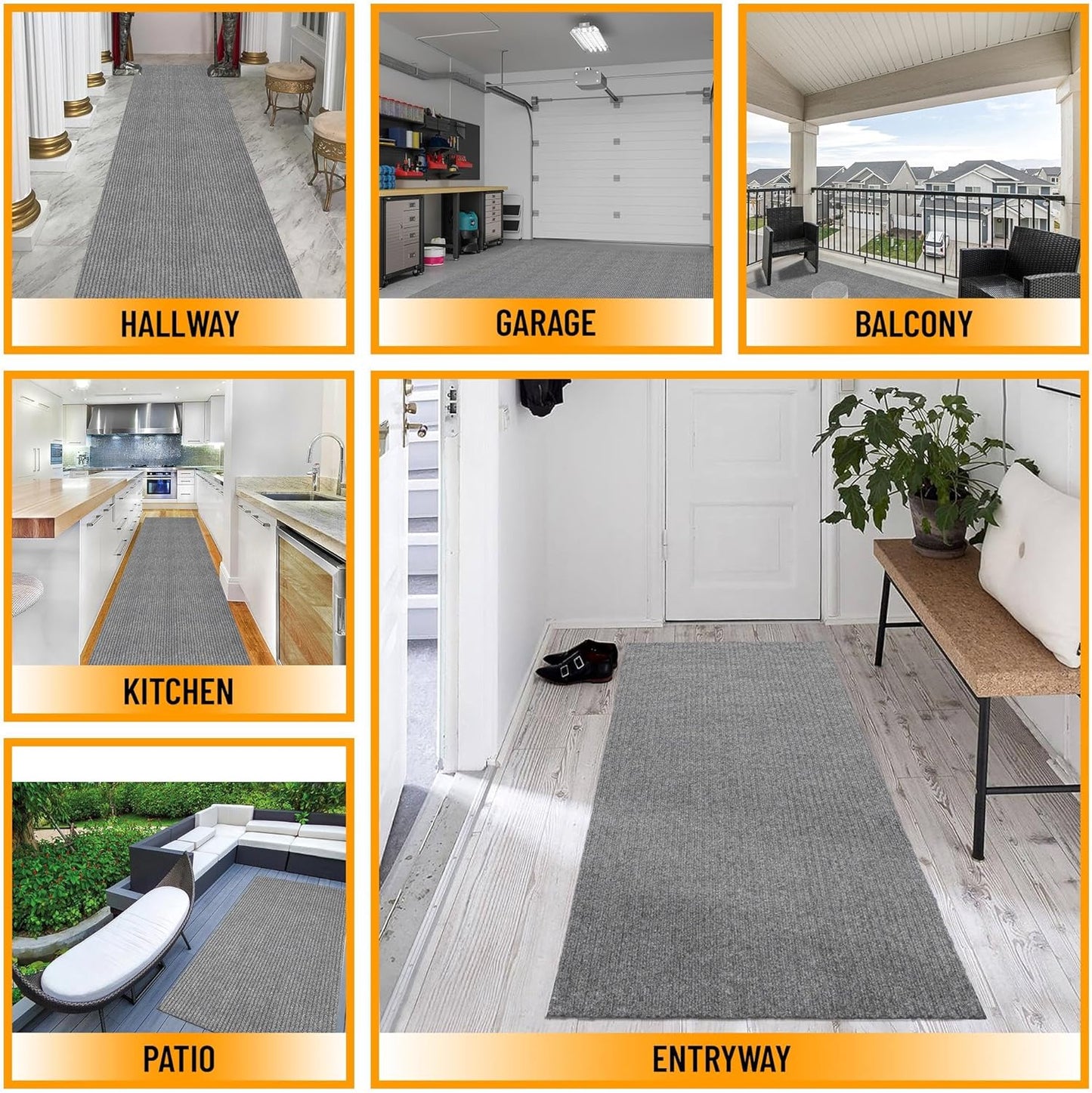 Ottomanson 2' x 10' Hallway Runner with Scraper Pile Extra Durable Non-Slip Rug Mat for Indoor & Outdoor Use - Ideal for Kitchen, Entryway, Patio & Garage - High-Traffic Carpet, Gray