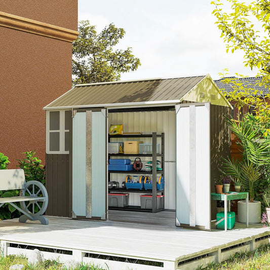 Outsunny 8' x 5.5' Outdoor Storage Shed, Metal Garden Shed with Window & Double Lockable Door, Outdoor Tool Shed Storage with Sloped Roof for Backyard, Patio, Garage, Lawn, Gray