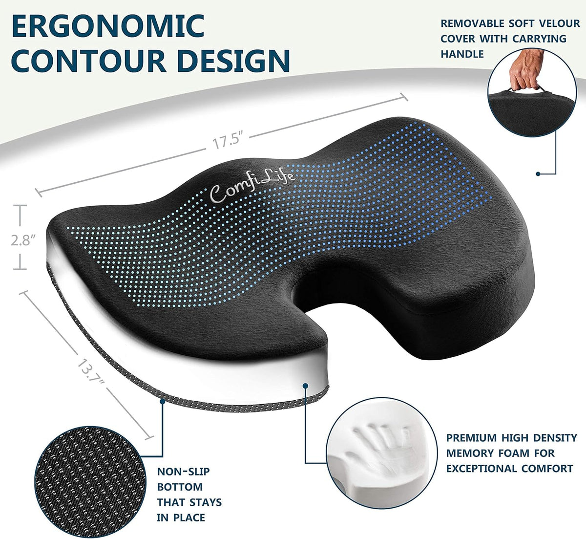 ComfiLife Premium Comfort Seat Cushion - Non-Slip Orthopedic 100% Memory Foam Coccyx Cushion for Tailbone Pain - Cushion for Office Chair Car Seat - Back Pain & Sciatica Relief (Black)