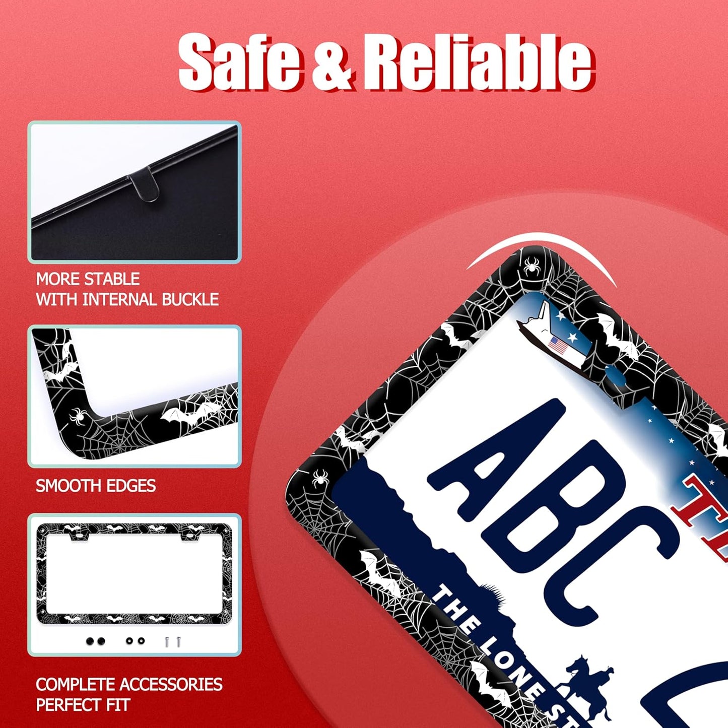 Bat Spider Web License Plate Frame Funny Gothic License Plate Frames Stainless Steel Accessories Cars Decor with 2 Holes and Screws Fits Standard Us Ca Vehicles License Plate Holder 12.2 X 6 Inch