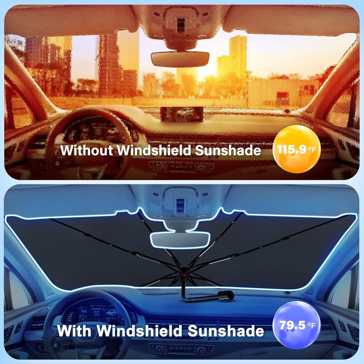 EcoNour Car Windshield Sunshade Umbrella | Foldable Car Umbrella Sun Shade Cover | Front Windshield Shade for Heat and UV Rays Protection | 240T Polyester Umbrella Sunshade | Large (57"x35")