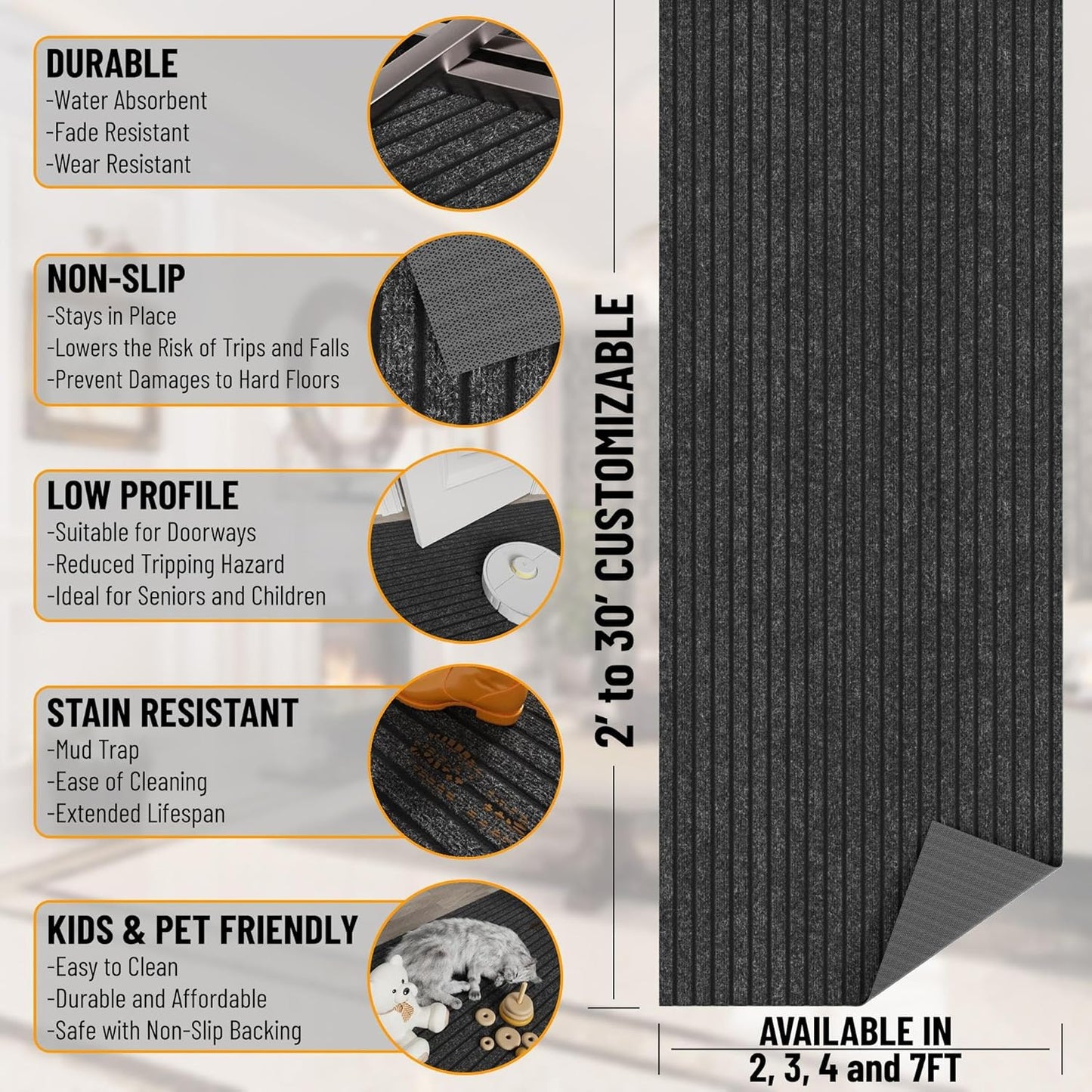 Ottomanson 2'7" x 12' Hallway Runner with Scraper Pile - Extra Durable Non-Slip Rug Mat for Indoor & Outdoor Use - Ideal for Kitchen, Entryway & Garage - High-Traffic Carpet, Black