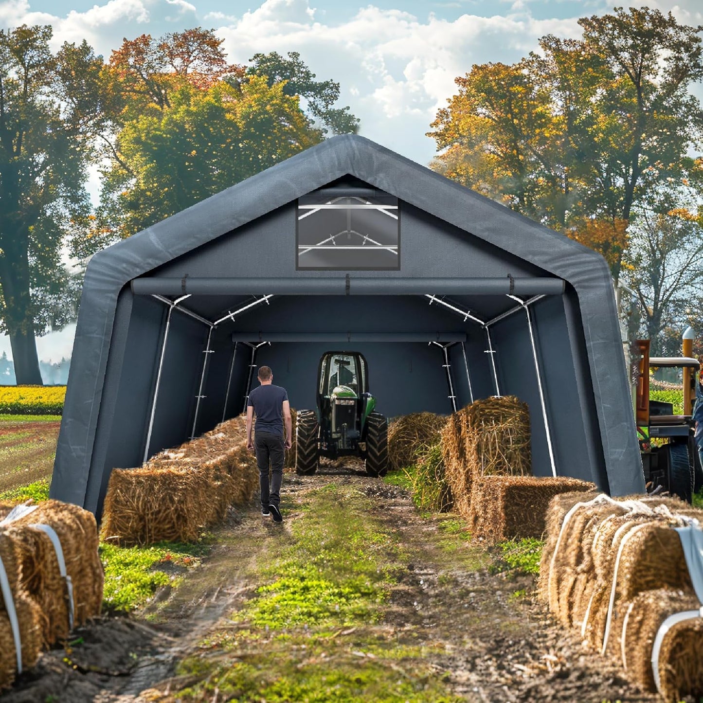 PHI VILLA 13'X22'X9.6' Outdoor Portable Storage Shelter Shed Garage with Roll up Zipper Doors & Vents Carport for Motorcycle Waterproof and UV Resistant Anti-Snow Portable Garage Kit Tent, Gray