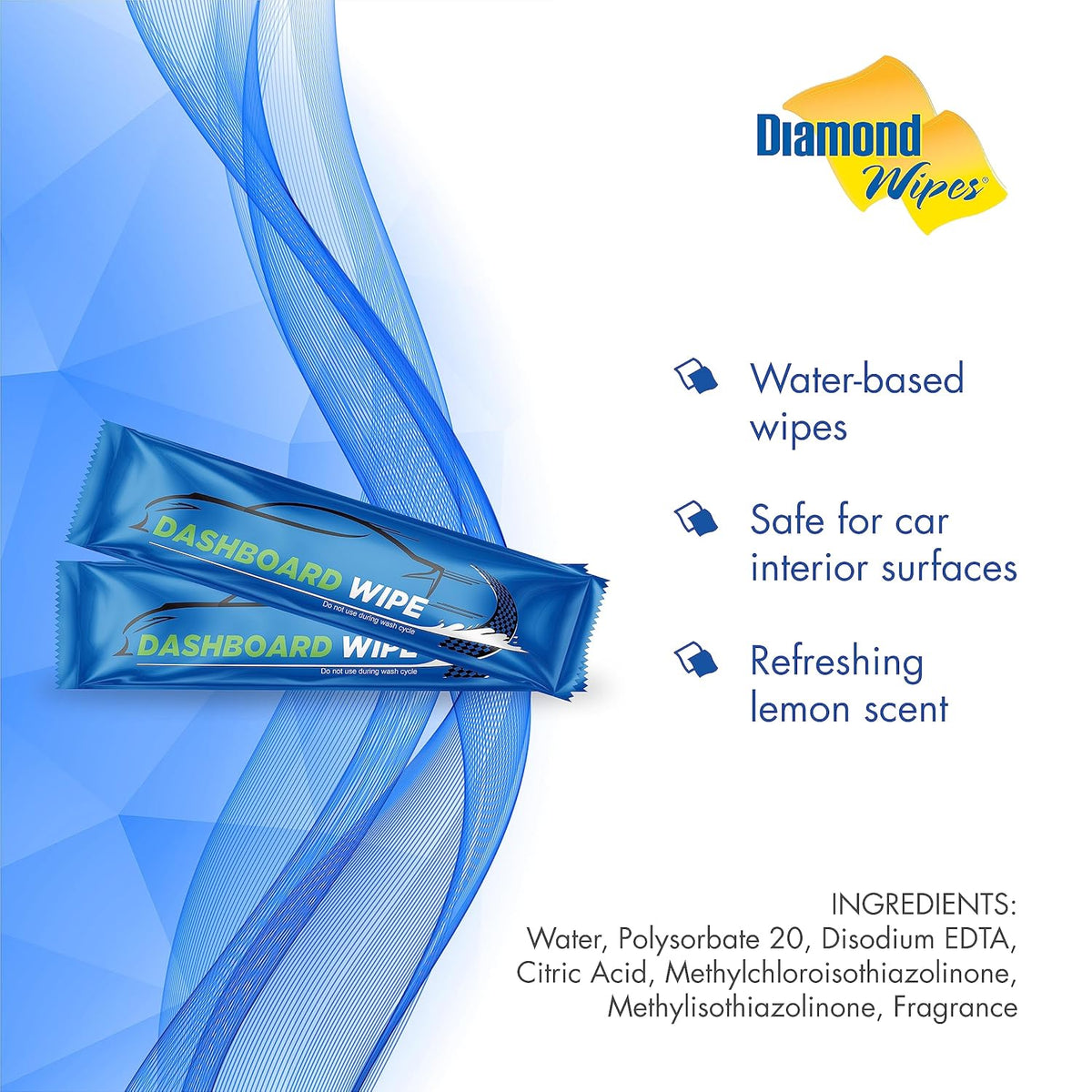 Diamond Wipes Car Wash Wipes with Refreshing Lemon Scent, Pack of 50 Individually Wrapped Wipes, Dashboard Car Accessories Travel Essentials