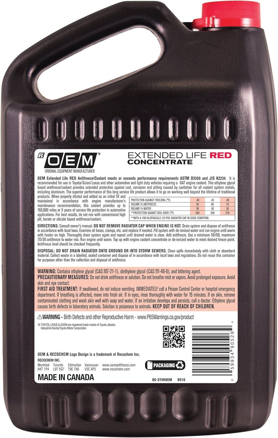 Recochem OEM 86-374ROEM-4PK Red Premium Antifreeze Concentrate Extended Life RED, 1 gallon, 4 Pack