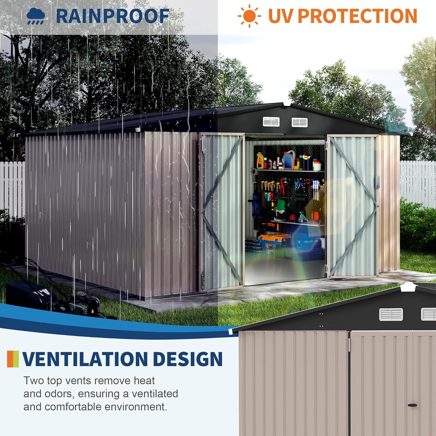10x12x6.4 FT Outdoor Storage Sheds with Floor, Metal Garden Tool Shed for Backyard, Large Metal Sheds Outdoor Storage With Lockable Doors & Air Vents for Backyard Garden Patio Lawn