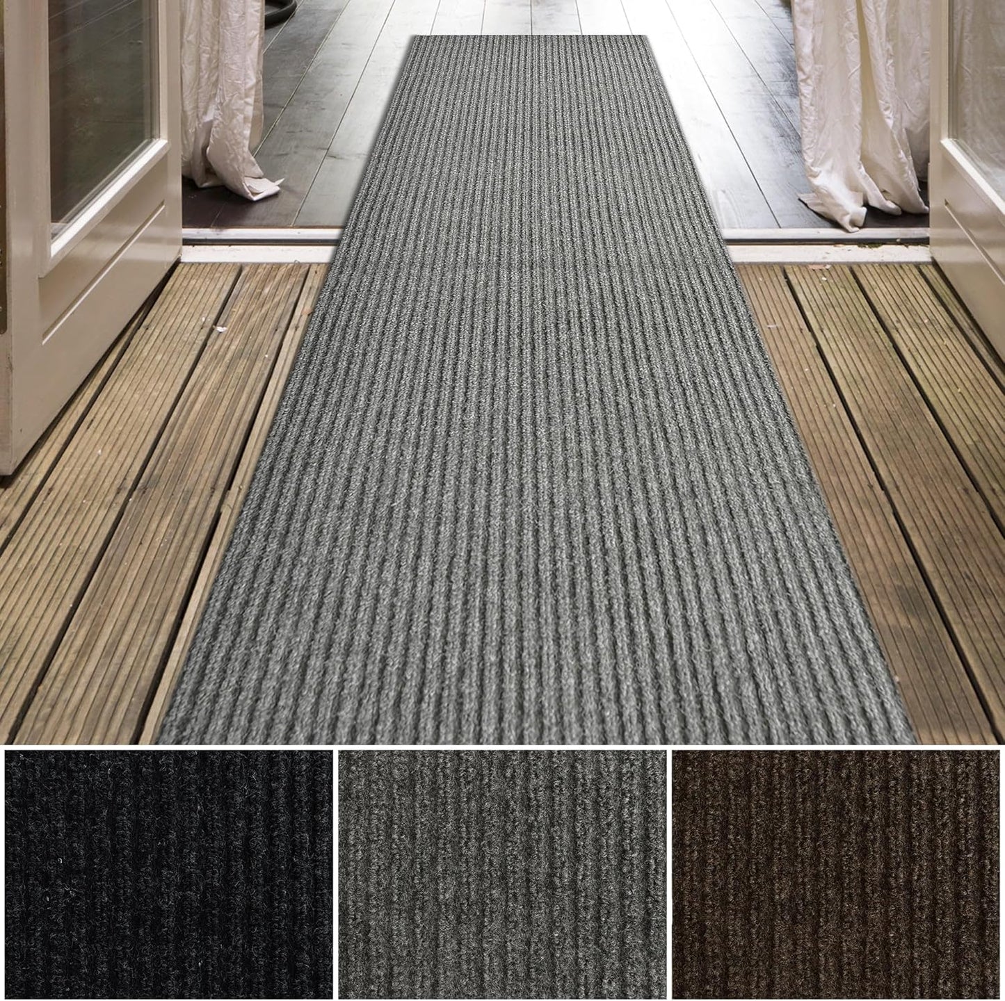 iCustomRug Spartan Weather Warrior Indoor/Outdoor Utility Ribbed Carpet Runner with Non-Slip Thermoplastic Rubber Backing, 3ft X 52ft in Grey