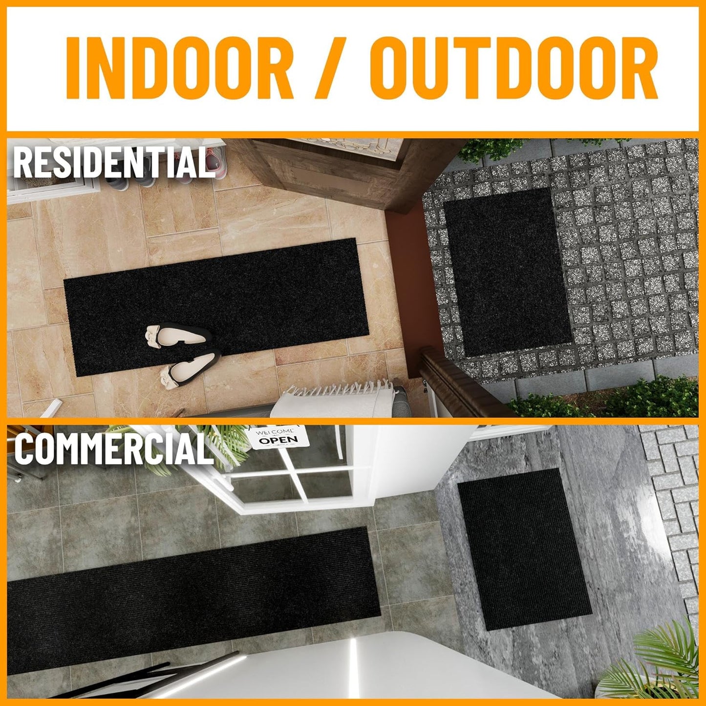 Ottomanson 2' x 20' Hallway Runner with Scraper Pile Extra Durable Non-Slip Rug Mat for Indoor & Outdoor Use - Ideal for Kitchen, Entryway, Patio & Garage - High-Traffic Carpet, Black