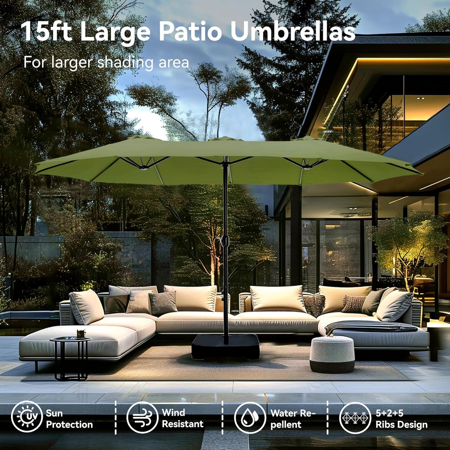 PHI VILLA 15ft Large Patio Umbrellas with Base, Outdoor Double-Sided Rectangle Market Umbrella for Pool Lawn Garden, Lime Green