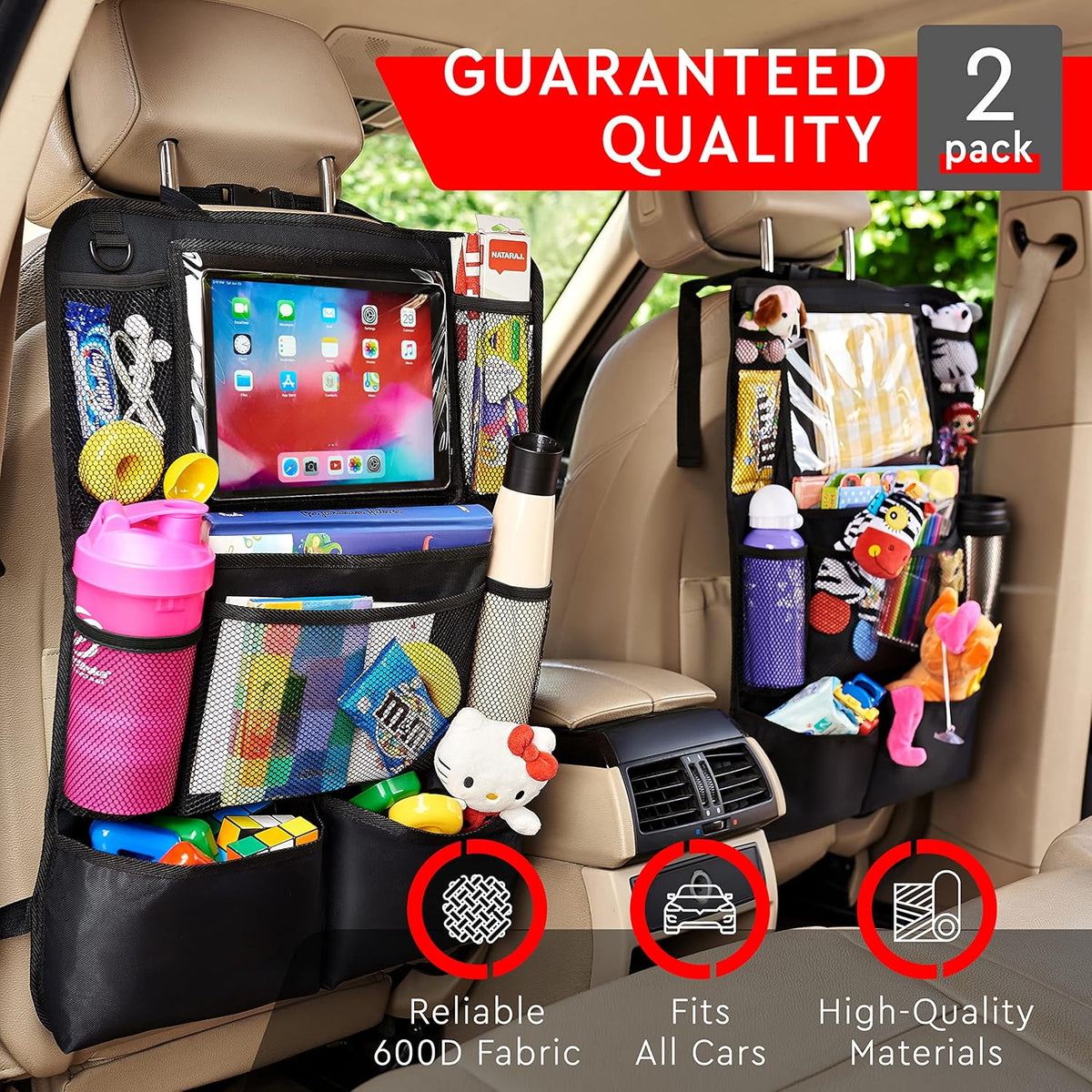 Helteko Backseat Car Organizer, Kick Mats Back Seat Protector with Touch Screen Tablet Holder, Back Seat Organizer for Kids with 9 Storage Pockets, Travel Accessories (2 Pack, Deep Pink)