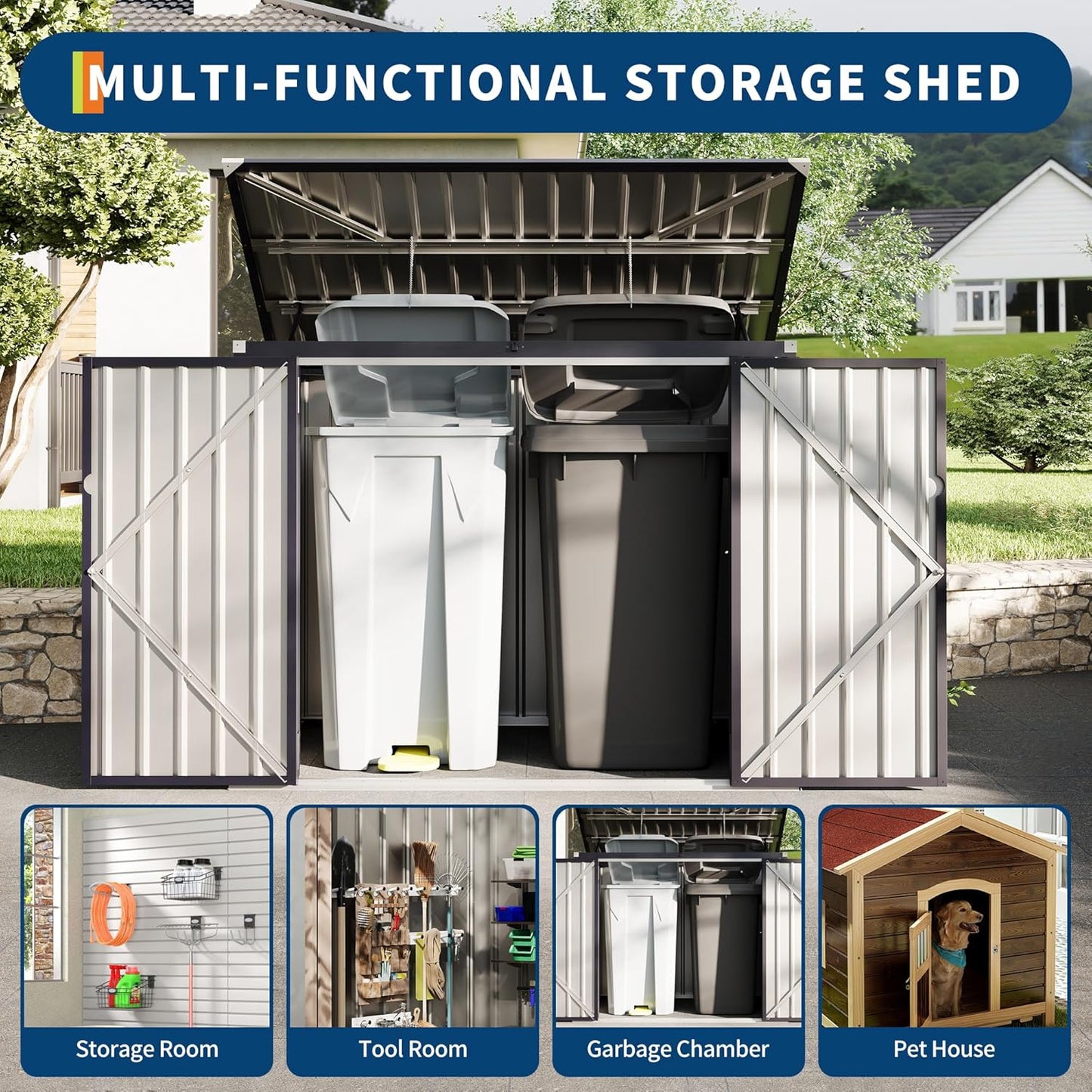 Outdoor Trash Can Storage 2 Binsgarbage Bin Storage Shed, 3x6 FT Garbage Bin Storage Shed with Chain Lid, Metal Outdoor Storage for Garden, Backyard, Lawn and Patio