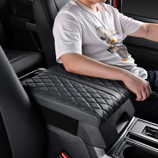 Car Center Console Cover pad Genuine Cowhide Leather,Black Armrest Box mat, Full size SUV truck arm rest Cushion Protector,true cow Leather,f150 sierra titan silverdo tundra(sizeD 15x13.4x2.2)
