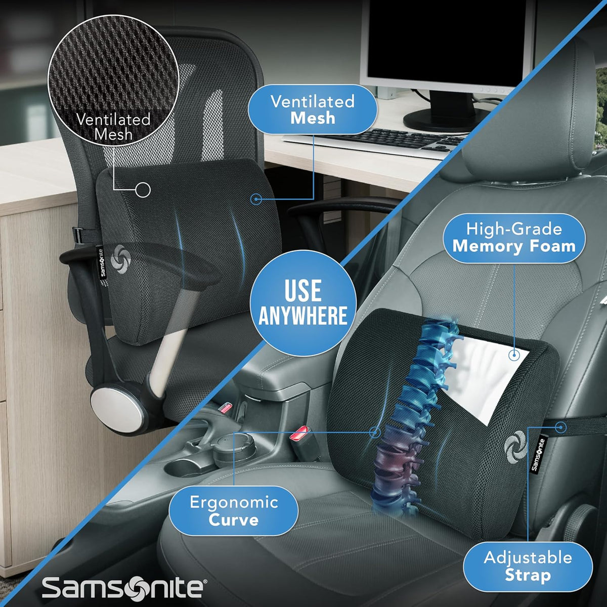 SAMSONITE Lumbar Support Pillow For Office Chair and Car Seat, Perfectly Balanced Memory Foam , Versatile Use Lower Back Cushion