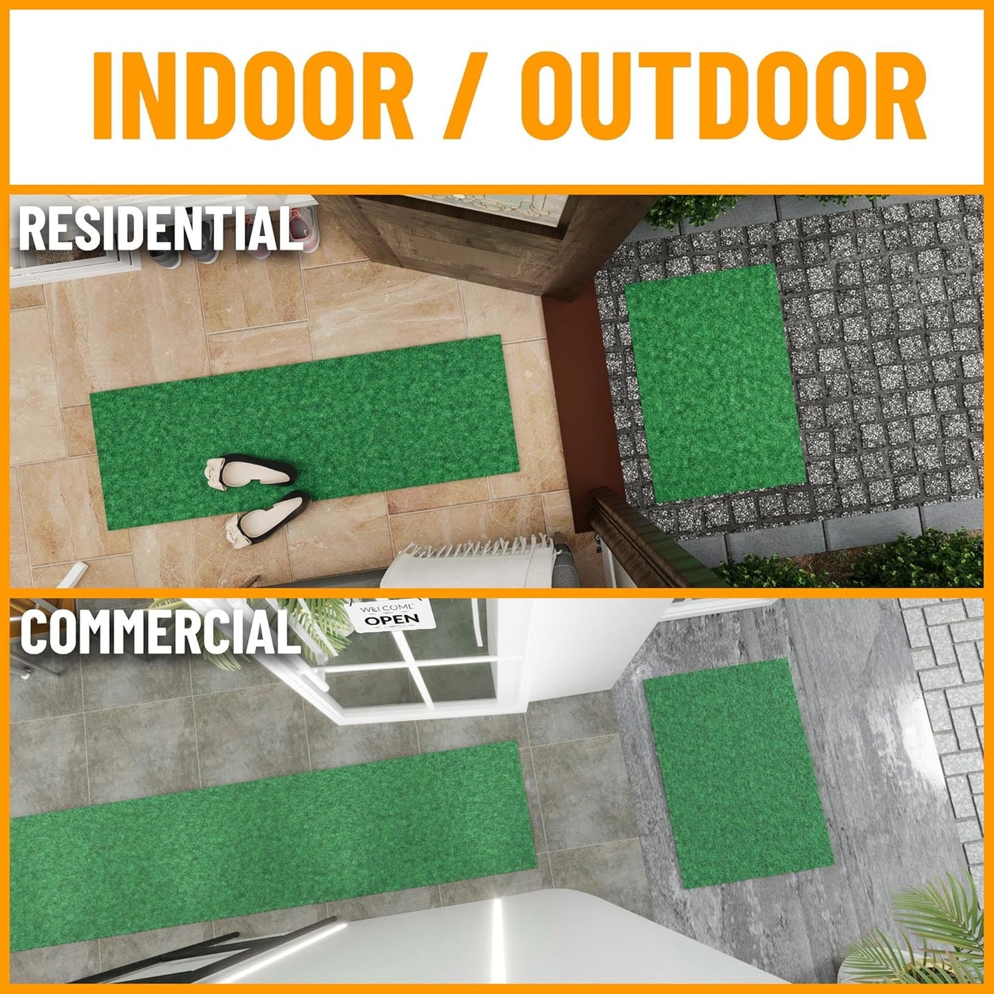 Ottomanson 2' x 13' Hallway Runner with Scraper Pile Extra Durable Non-Slip Rug Mat for Indoor & Outdoor Use - Ideal for Kitchen, Entryway, Patio & Garage - High-Traffic Carpet, Green