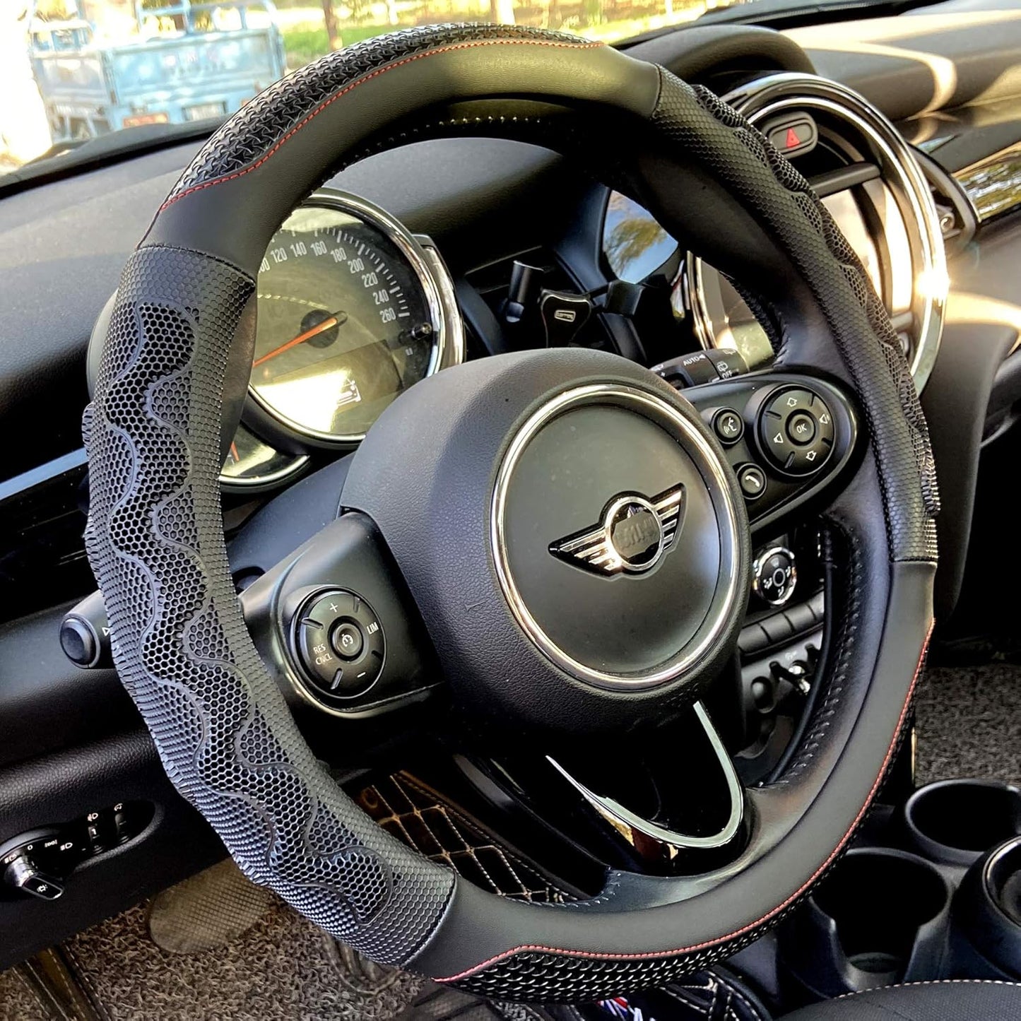 PINCTROT Large Size Steering Wheel Cover Great Grip with 3D Honeycomb Anti-Slip Design, 15.5-15.75 Inch (Black/Red Stitch)