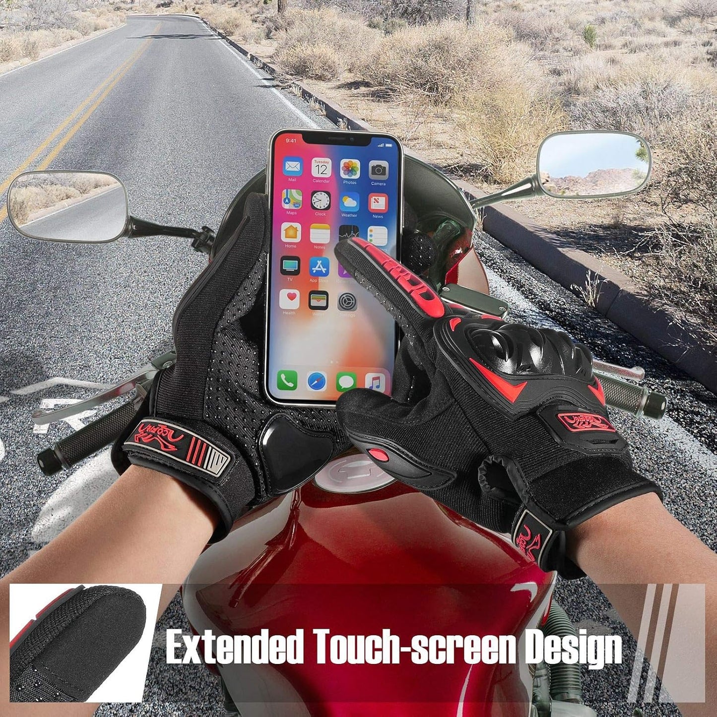 COFIT Motorcycle Gloves Breathable, Touchscreen Motorbike Gloves Anti-Slip with Good Grip Hard Knuckles Protection for Men Women Motocross, BMX ATV MTB Cycling, Road Racing - Red XL