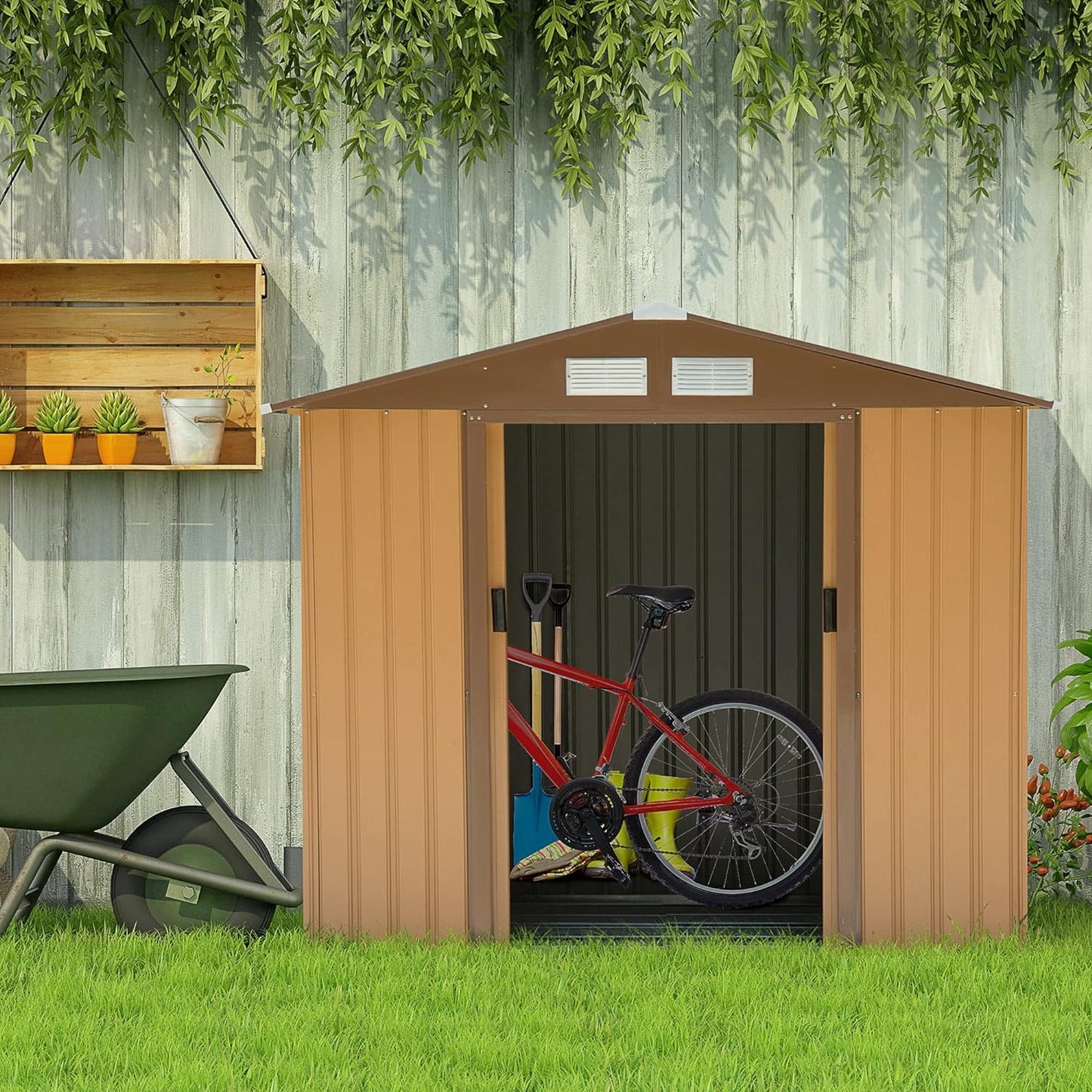 Outsunny 7' x 4' Outdoor Storage Shed, Garden Tool Metal Shed with Foundation Kit, Double Lockable Door, Air Vents and Sloping Roof, for Backyard, Patio, Lawn, Yellow