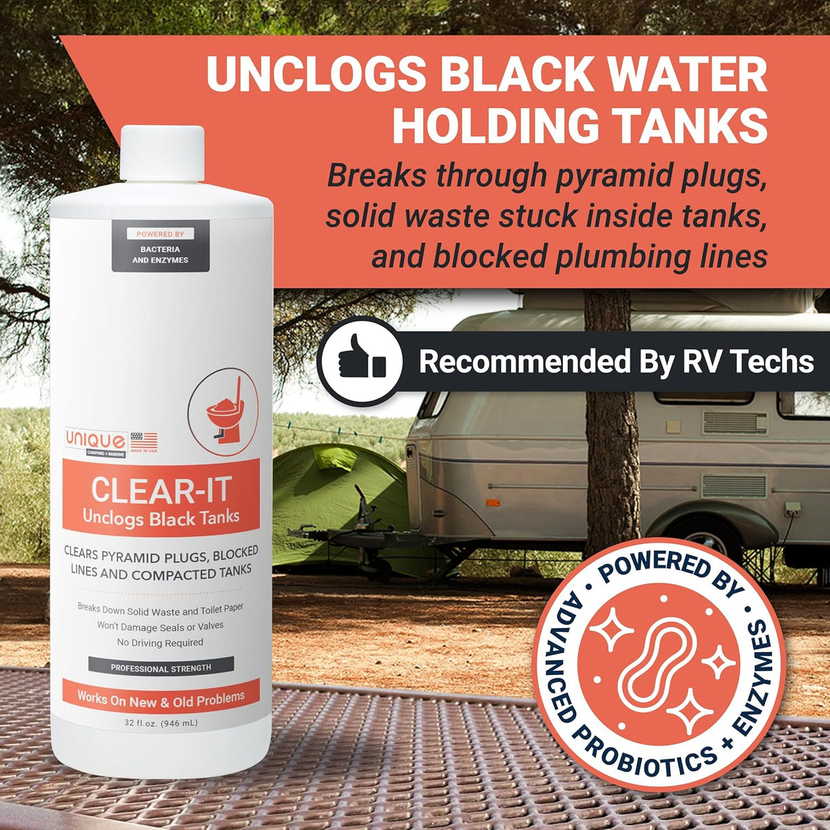 Unique Clear-It RV Black Tank Unclogger Liquid - Breaks Through Pyramid Plugs, Compacted Tanks, and Clogged Pipes 32 oz (2-Pack)